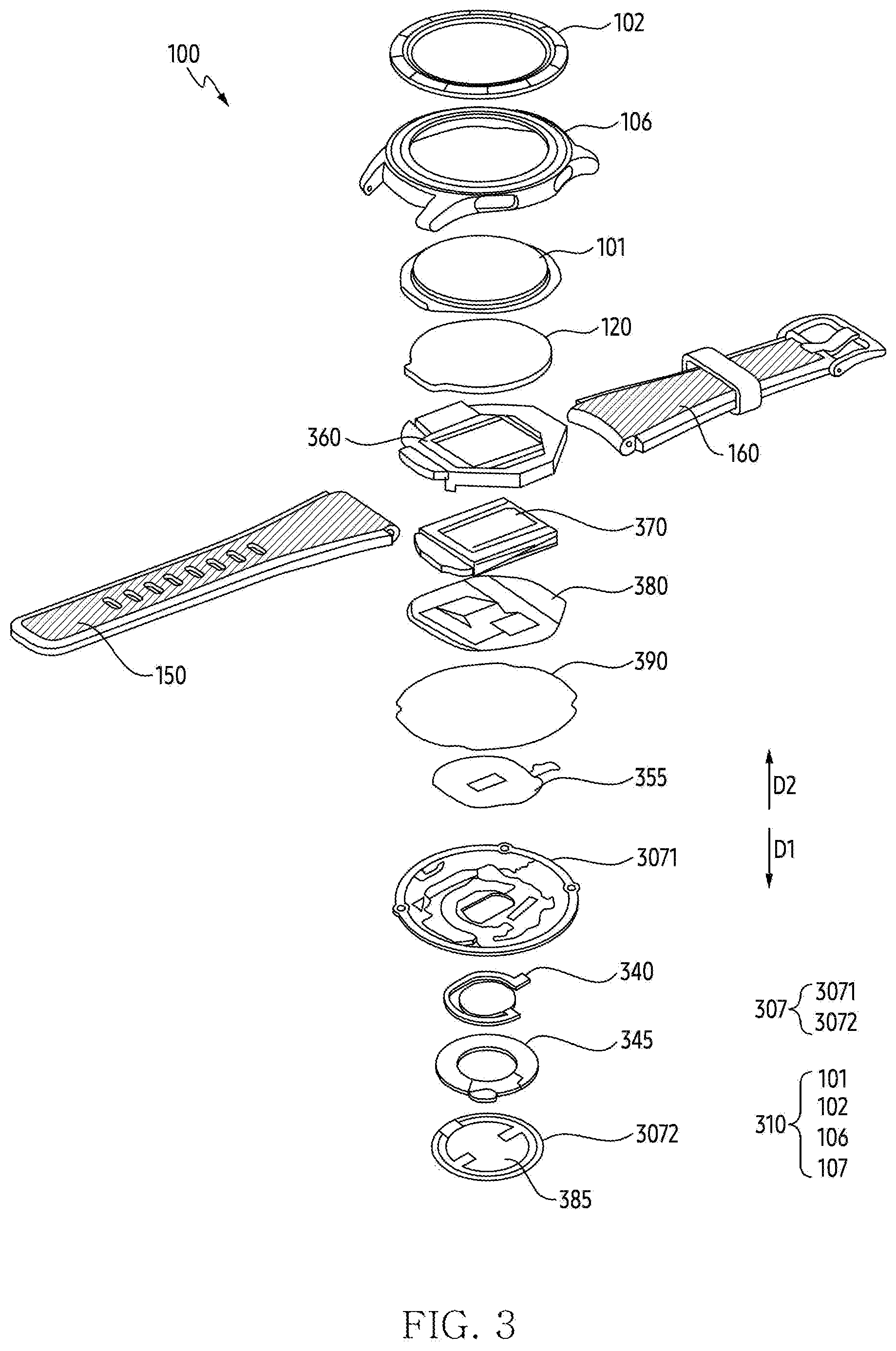 Patent US12619280 Figure 3 – Wearable electronic device comprising rigid flexible printed circuit board