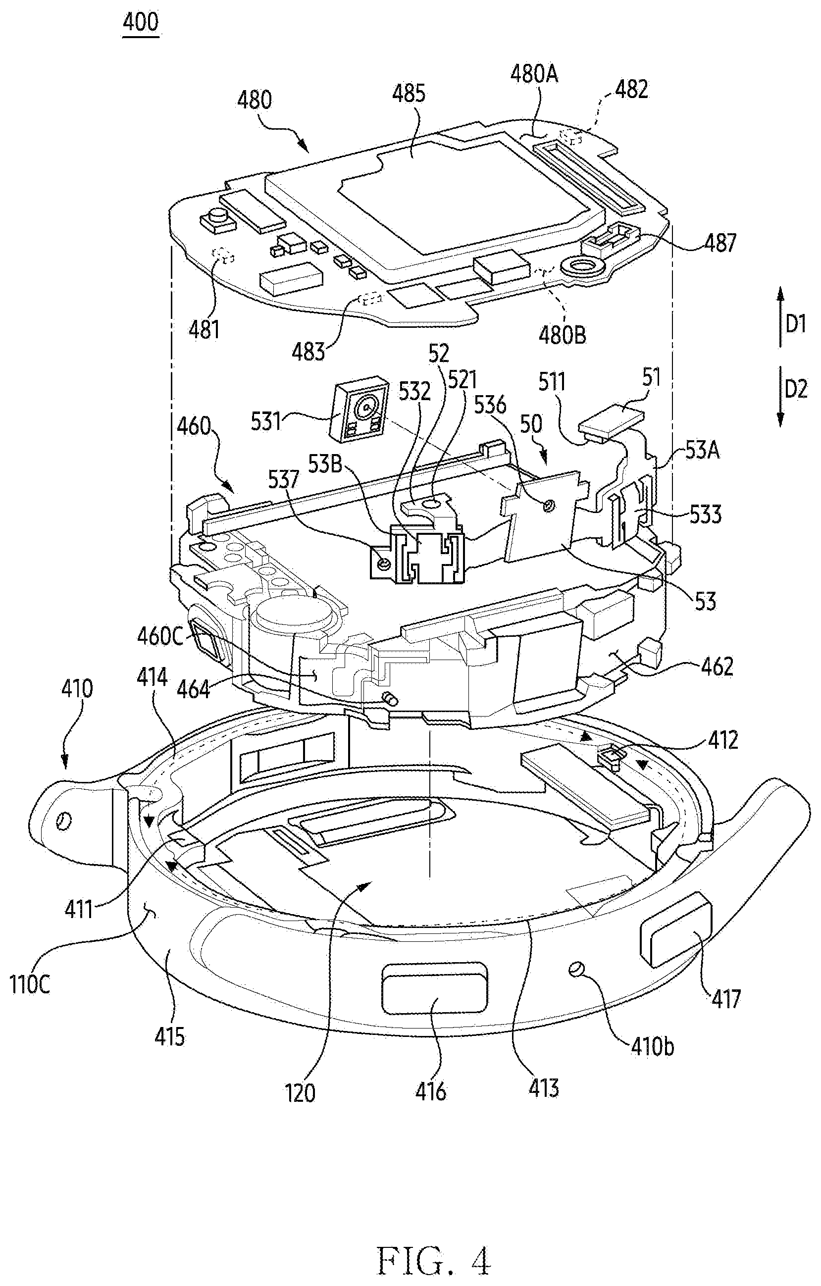 Patent US12619280 Figure 4 – Wearable electronic device comprising rigid flexible printed circuit board