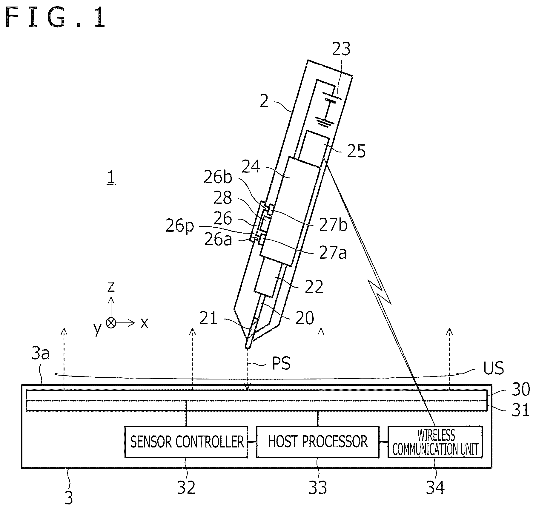 Patent US12619312 Figure 1 – System including pen and pen position detection apparatus, pen position detection apparatus, and method of activating haptic element built in pen