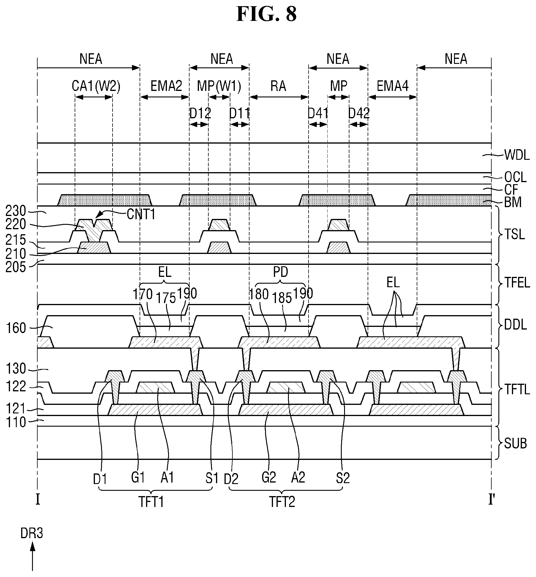 Patent US12619325 Figure 8 – Display device including a touch electrode