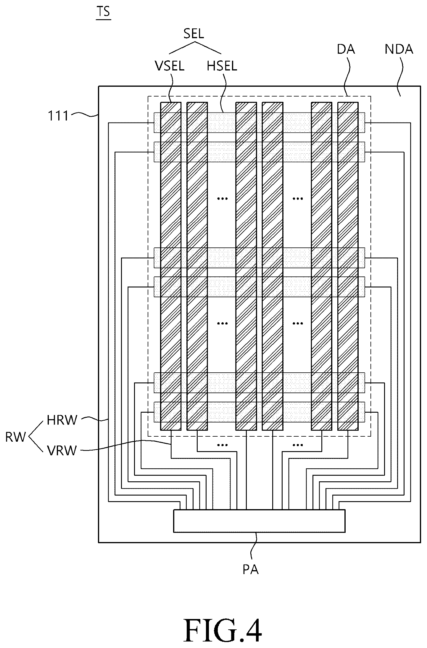 Patent US12619332 Figure 4 – Touch sensor and touch display device with coil shape electrodes