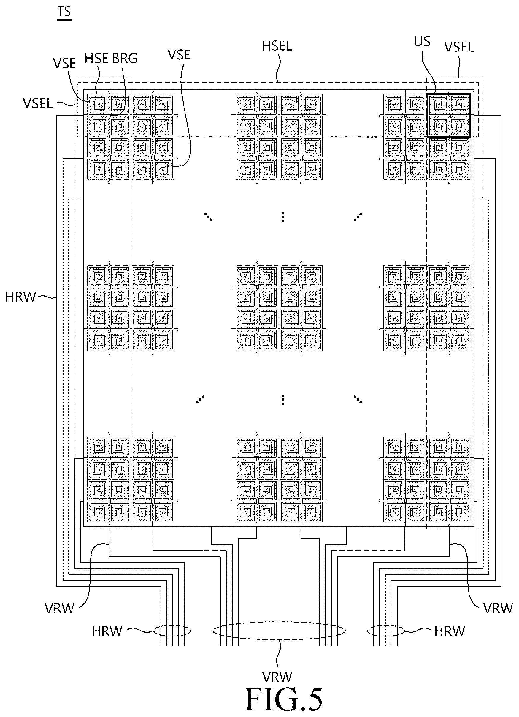 Patent US12619332 Figure 5 – Touch sensor and touch display device with coil shape electrodes