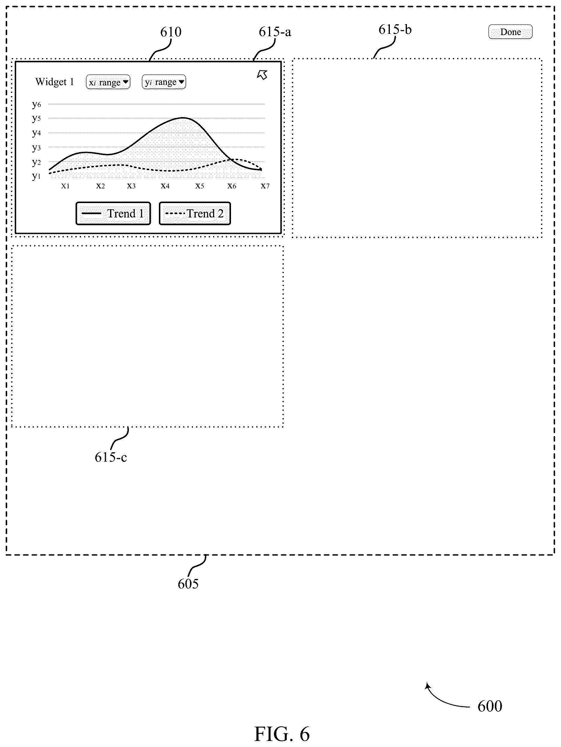 Patent US12619339 Figure 6 – Customizable dashboard interaction for a user interface