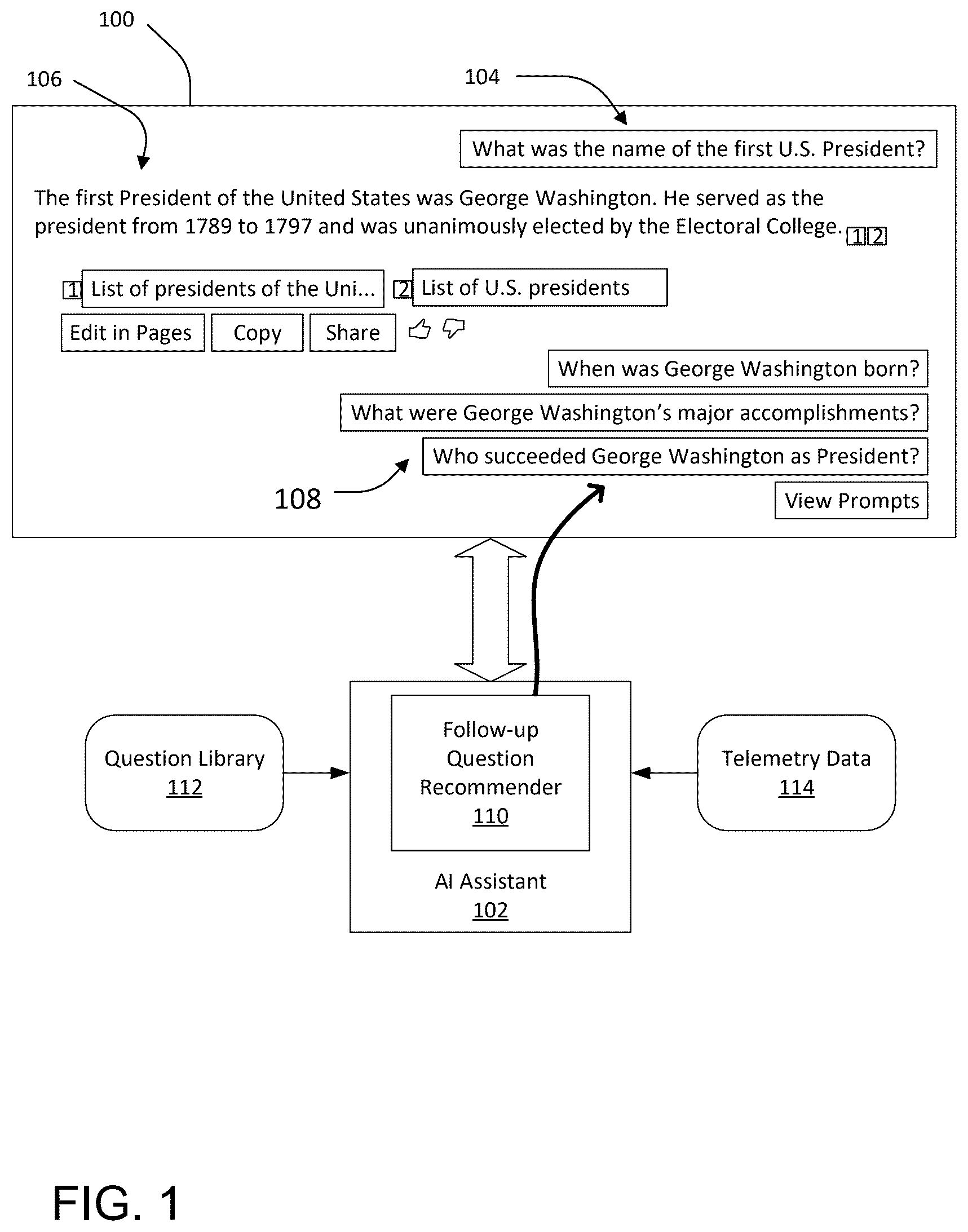 Patent US12619663 Figure 1 – Follow-up question recommender for AI assistant