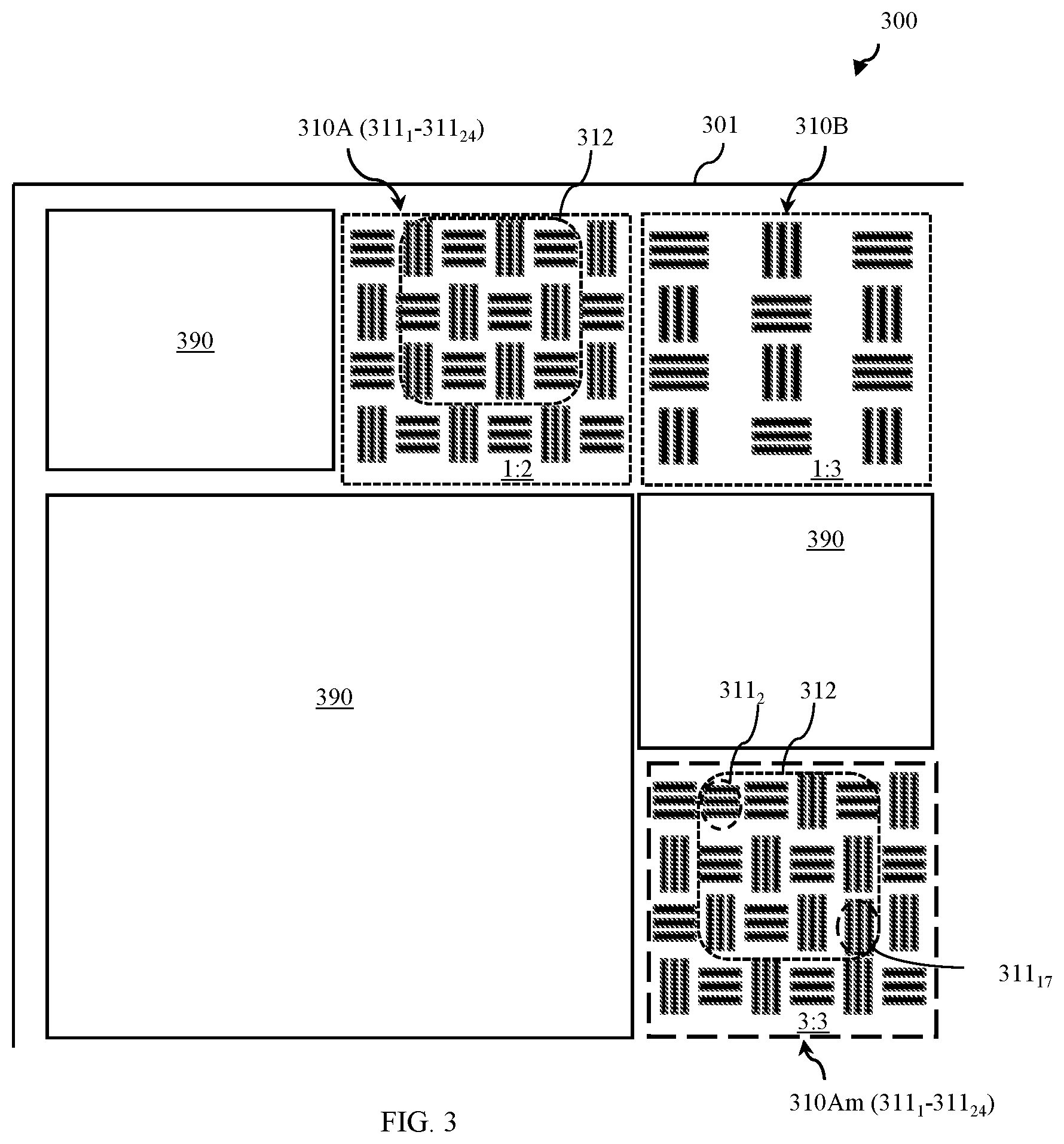 Patent US12619810 Figure 3 – Chip structure with steganographic fill shape pattern