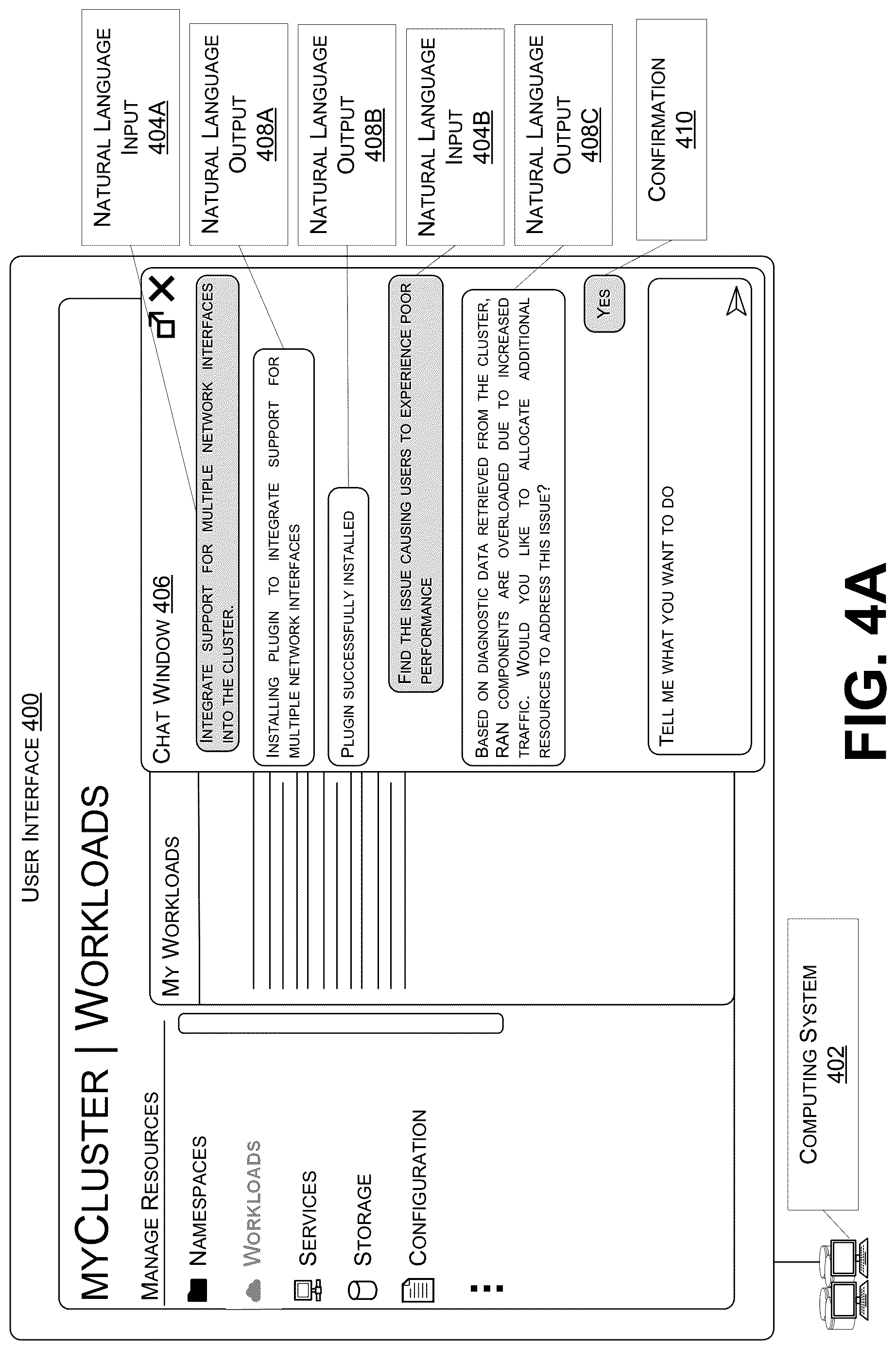 Patent US12619832 Figure 4 – Natural language-based management of computing resources executing radio access network workloads