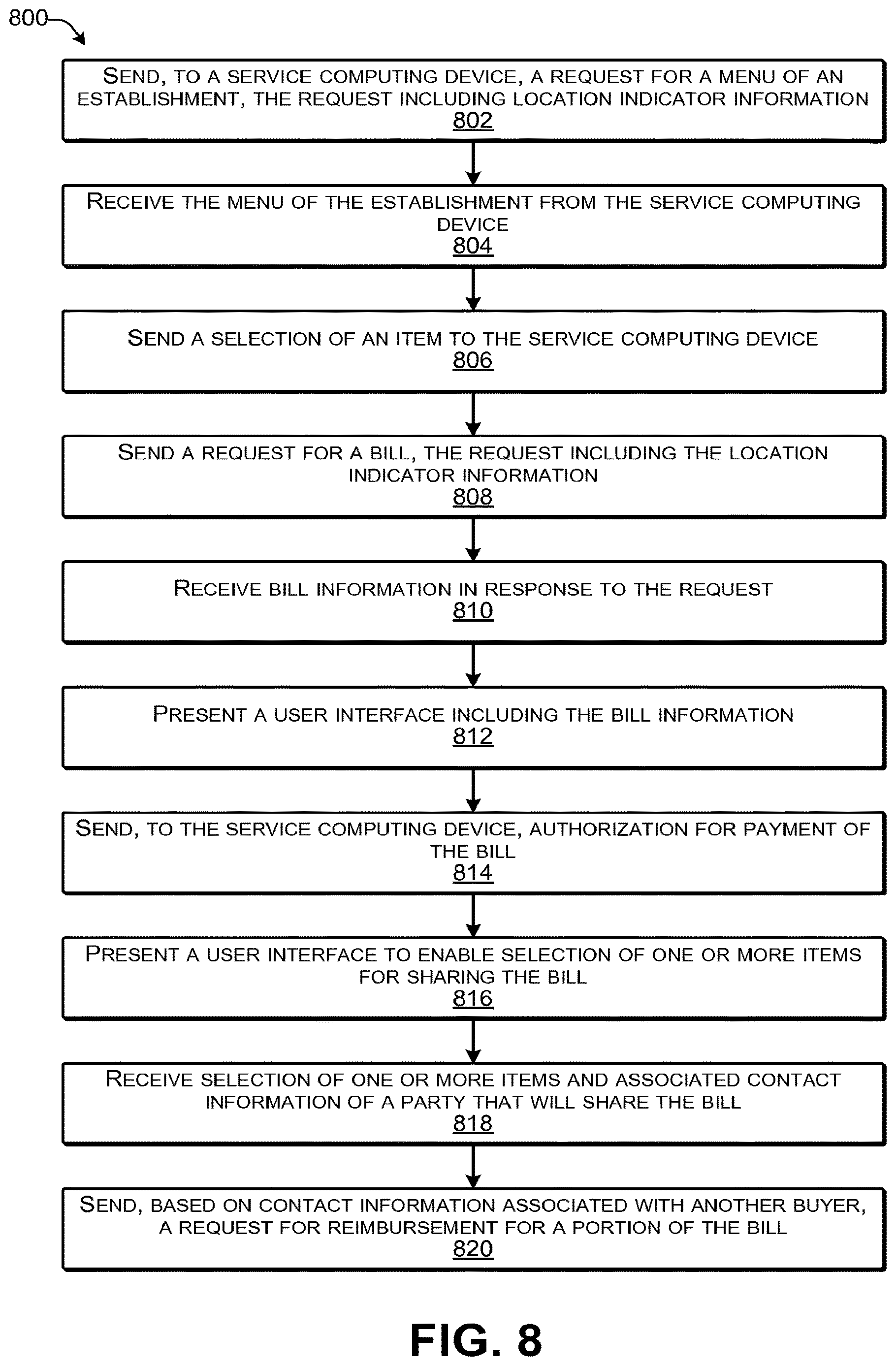 Patent US12619968 Figure 8 – Location-based transaction completion