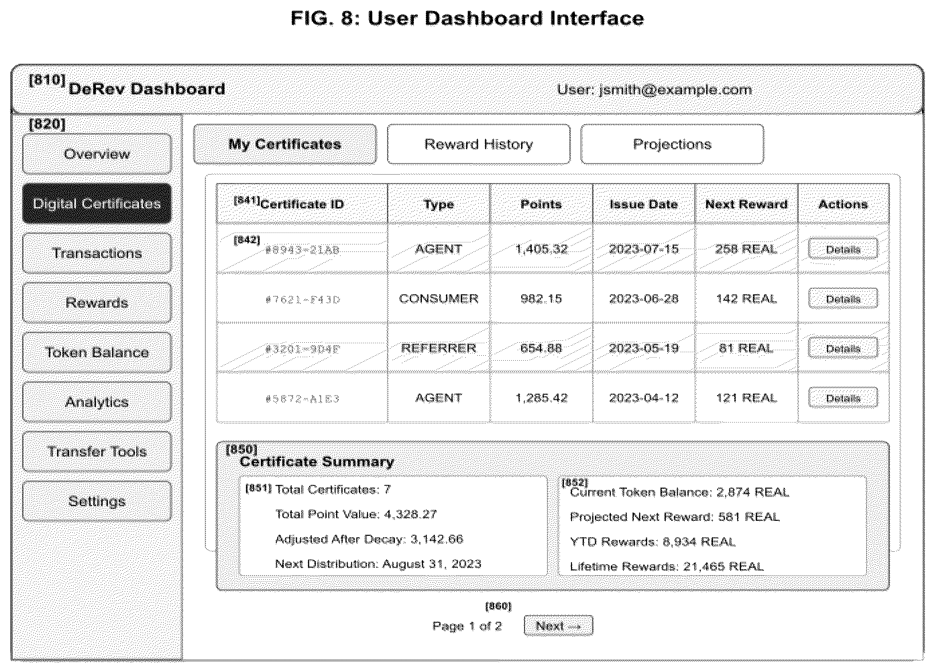 Patent US12619981 Figure 8 – System and method for revenue participation via smart referral and commission tracking
