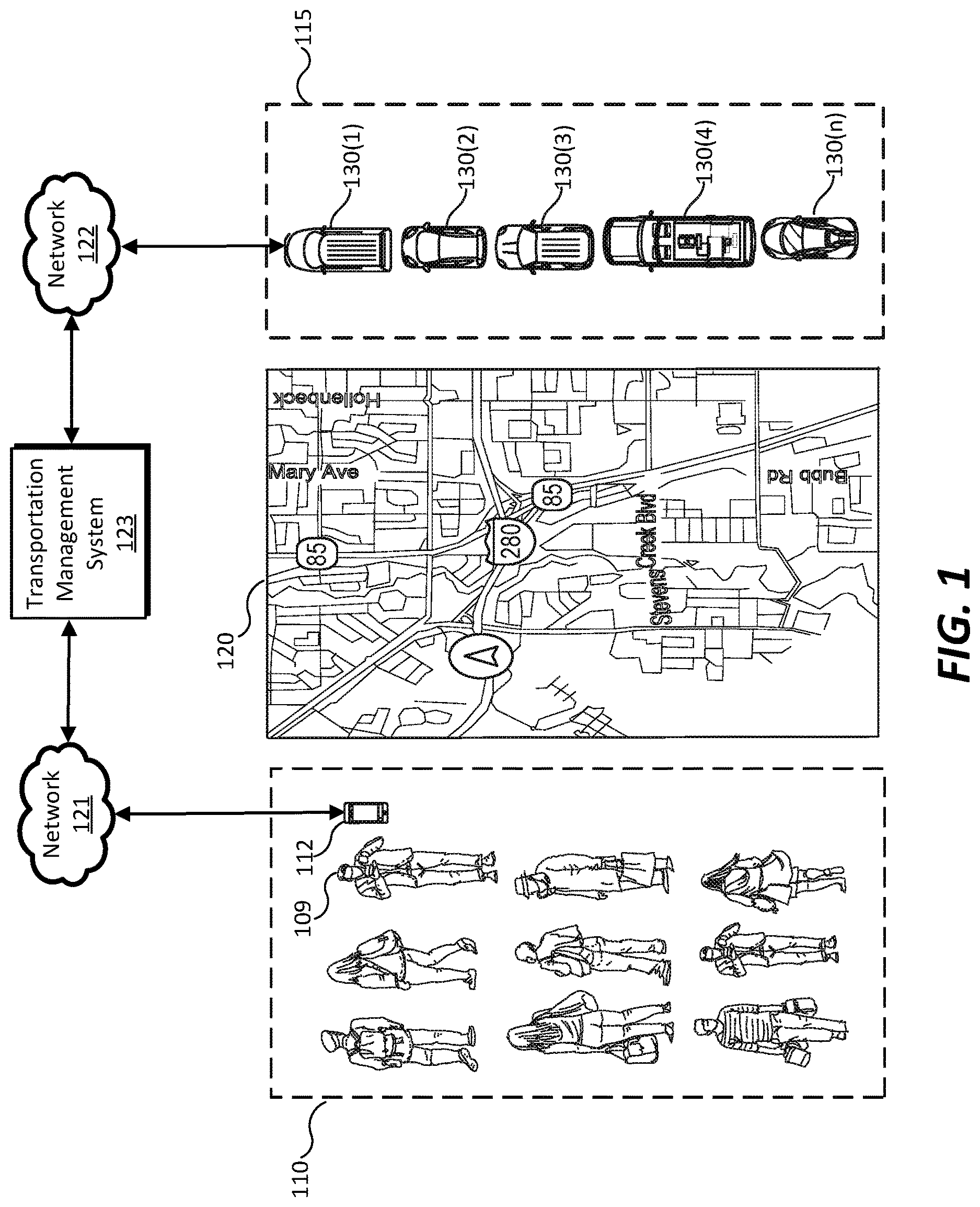 Patent US12620047 Figure 1 – Systems and methods for matching autonomous transportation provider vehicles and transportation requests in transportation management systems