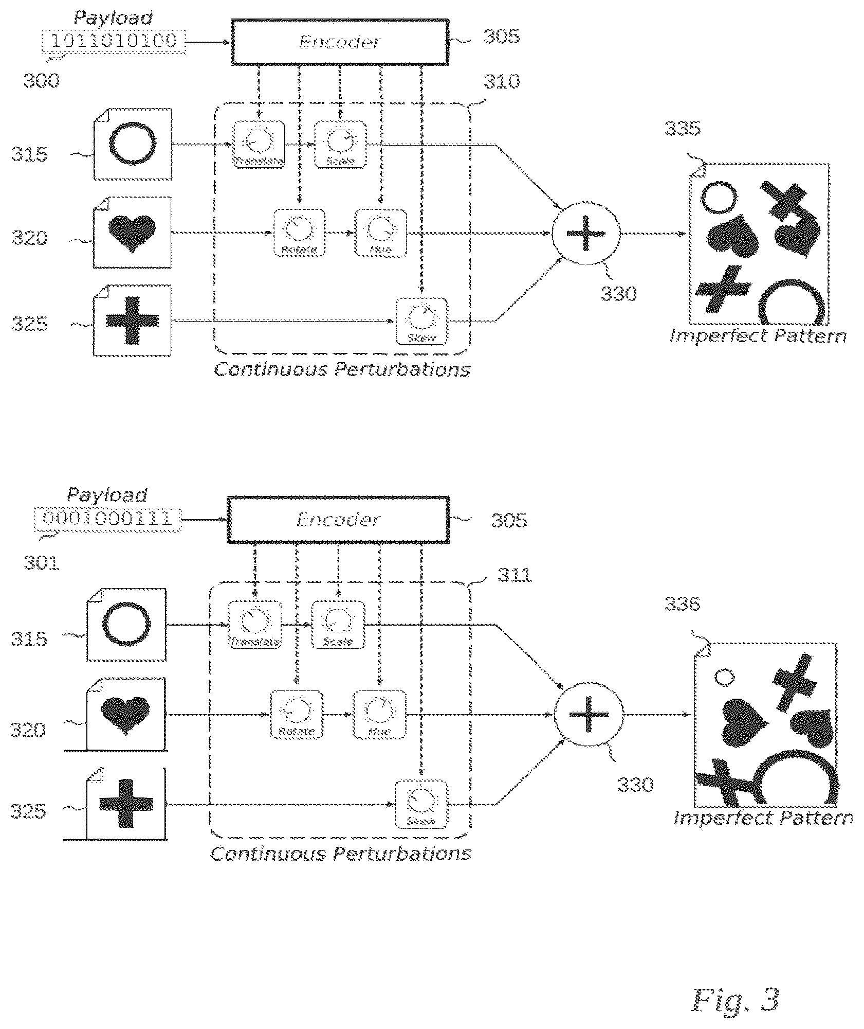 Patent US12620049 Figure 3 – Use of imperfect patterns to encode data on surfaces
