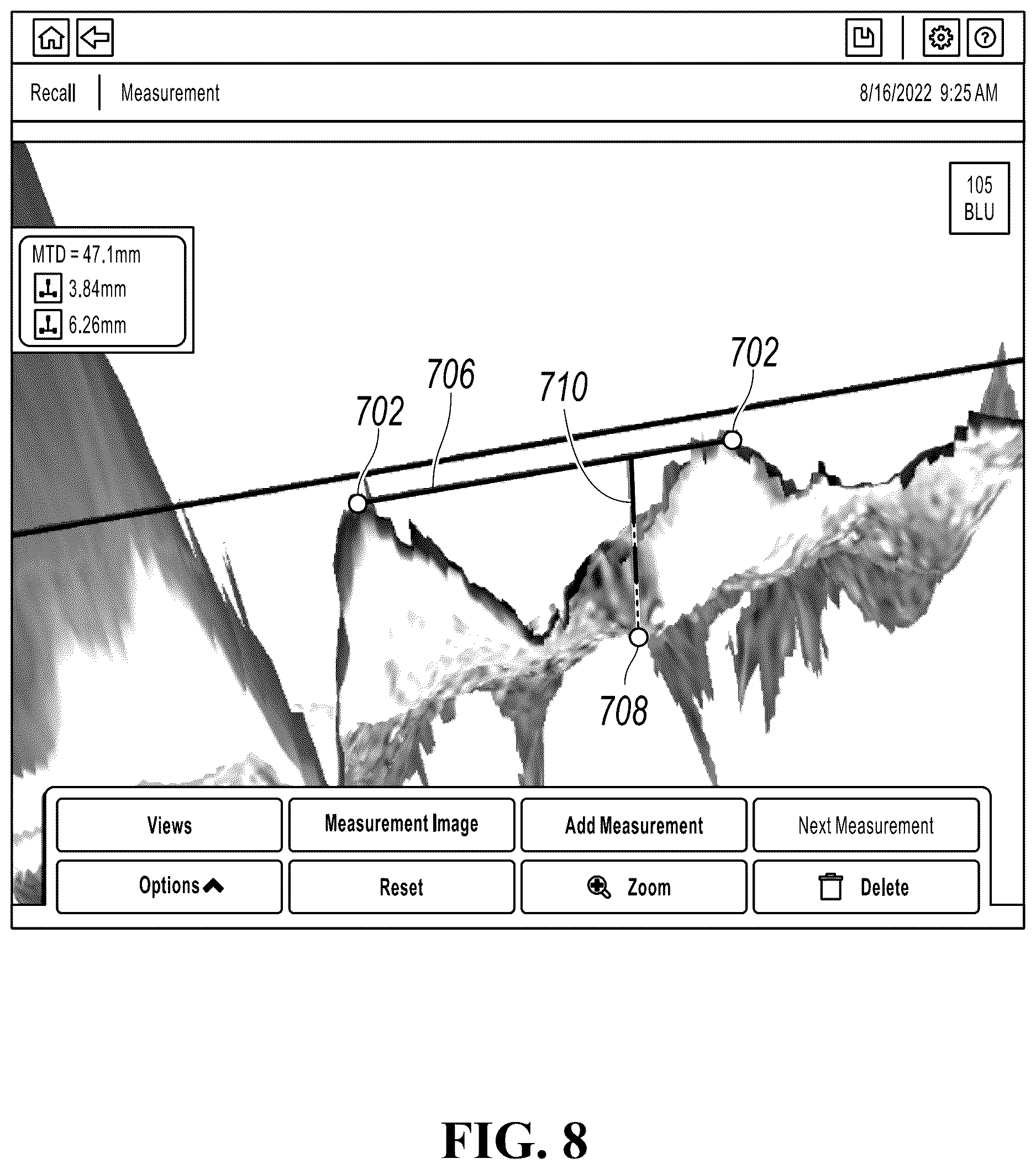 Patent US12620102 Figure 8 – Measuring a feature near the edge of an object