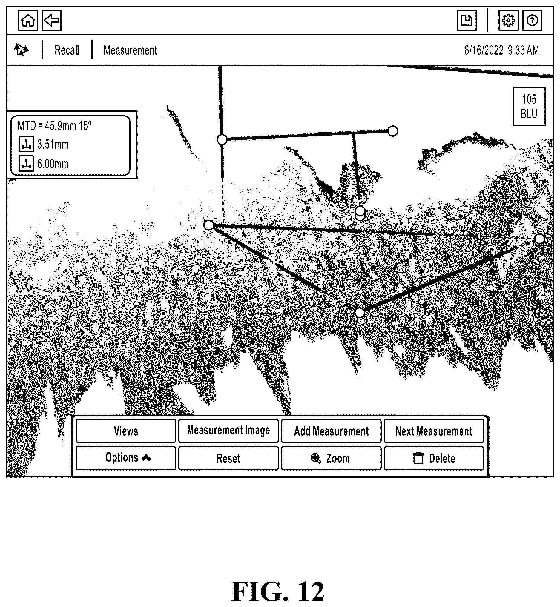 Patent US12620102 Figure 12 – Measuring a feature near the edge of an object
