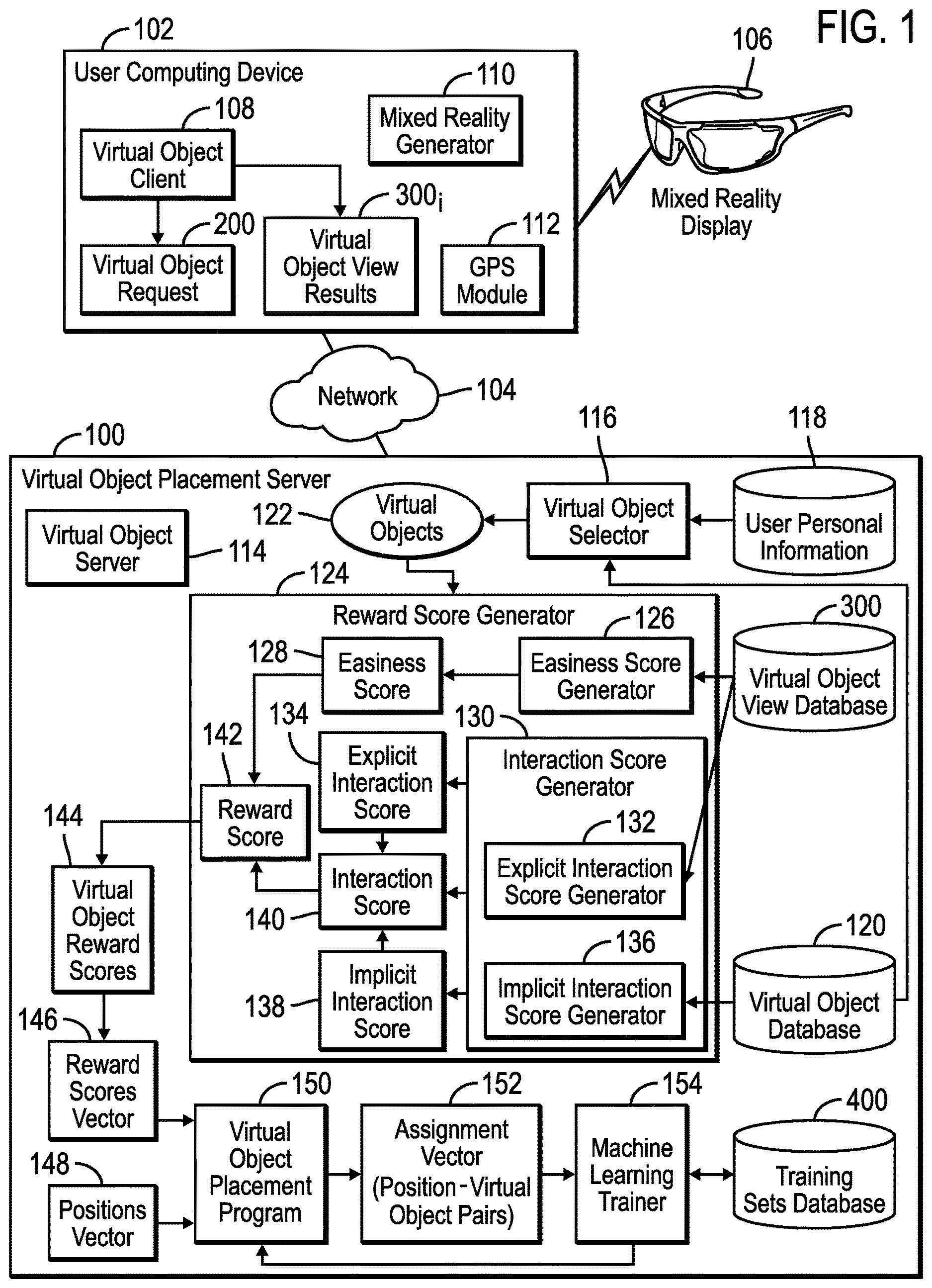 Patent US12620181 Figure 1 – Determining an assignment of virtual objects to positions in a user field of view to render in a mixed reality display