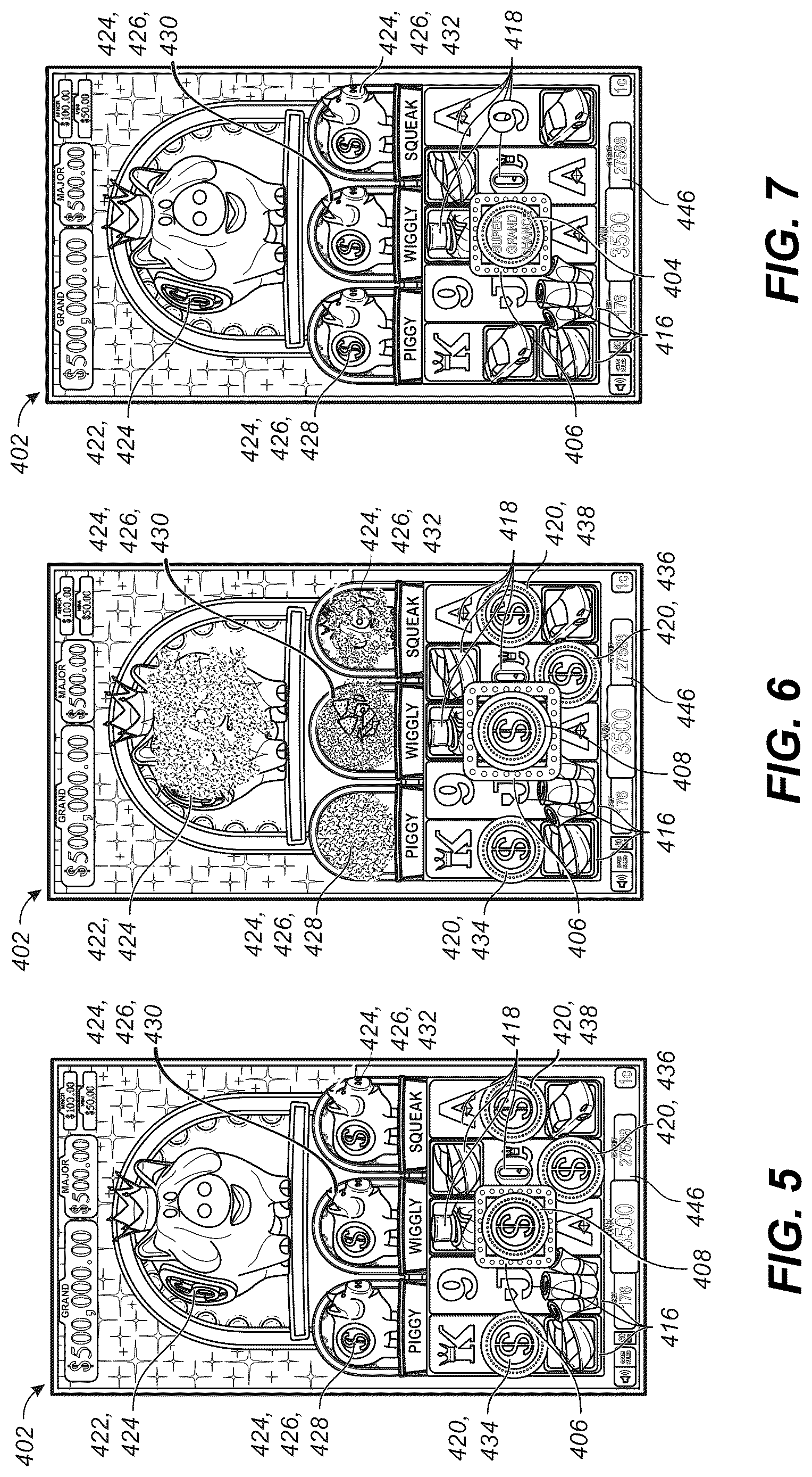 Patent US12620290 Figure 7 – GUI with a bonus symbol window to use credit value for initiating a jackpot chance game and a feature game with hold-and-spin functionality