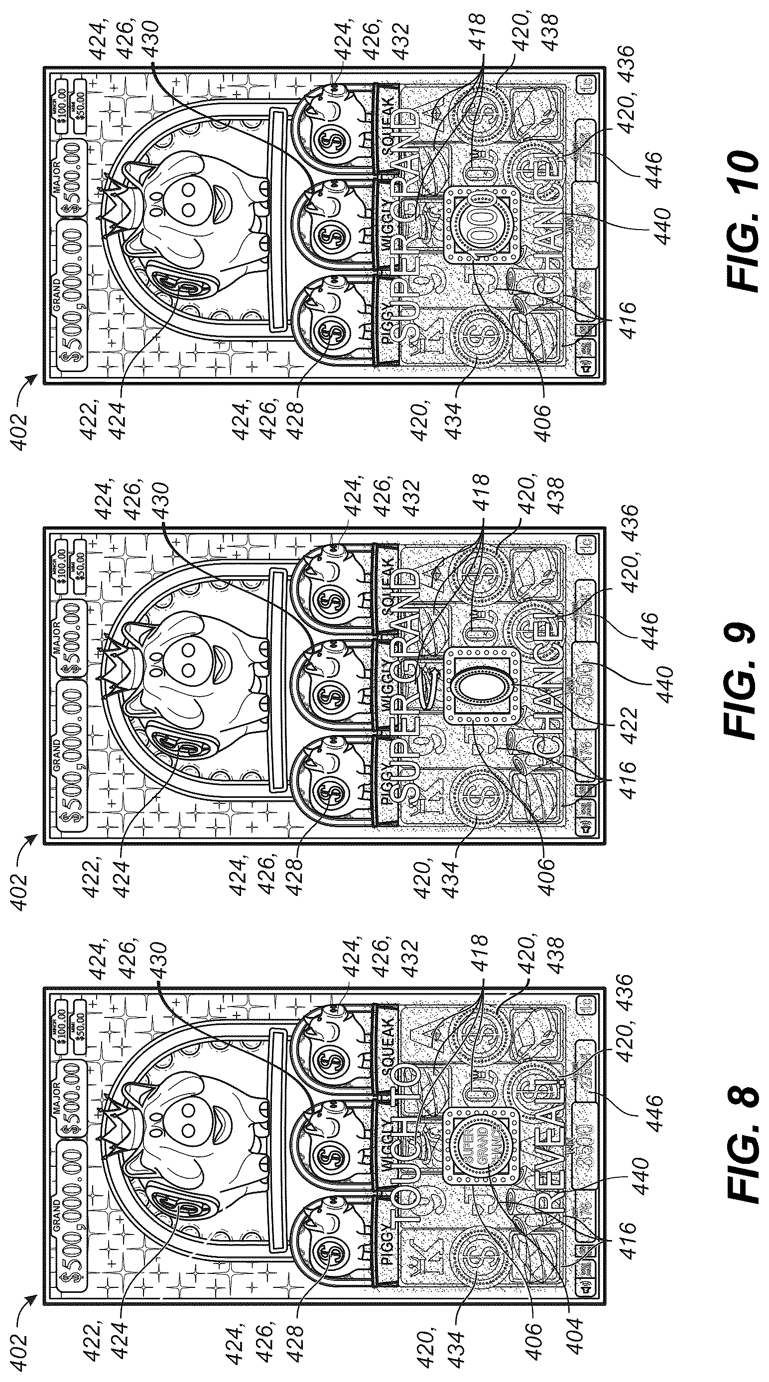 Patent US12620290 Figure 8 – GUI with a bonus symbol window to use credit value for initiating a jackpot chance game and a feature game with hold-and-spin functionality