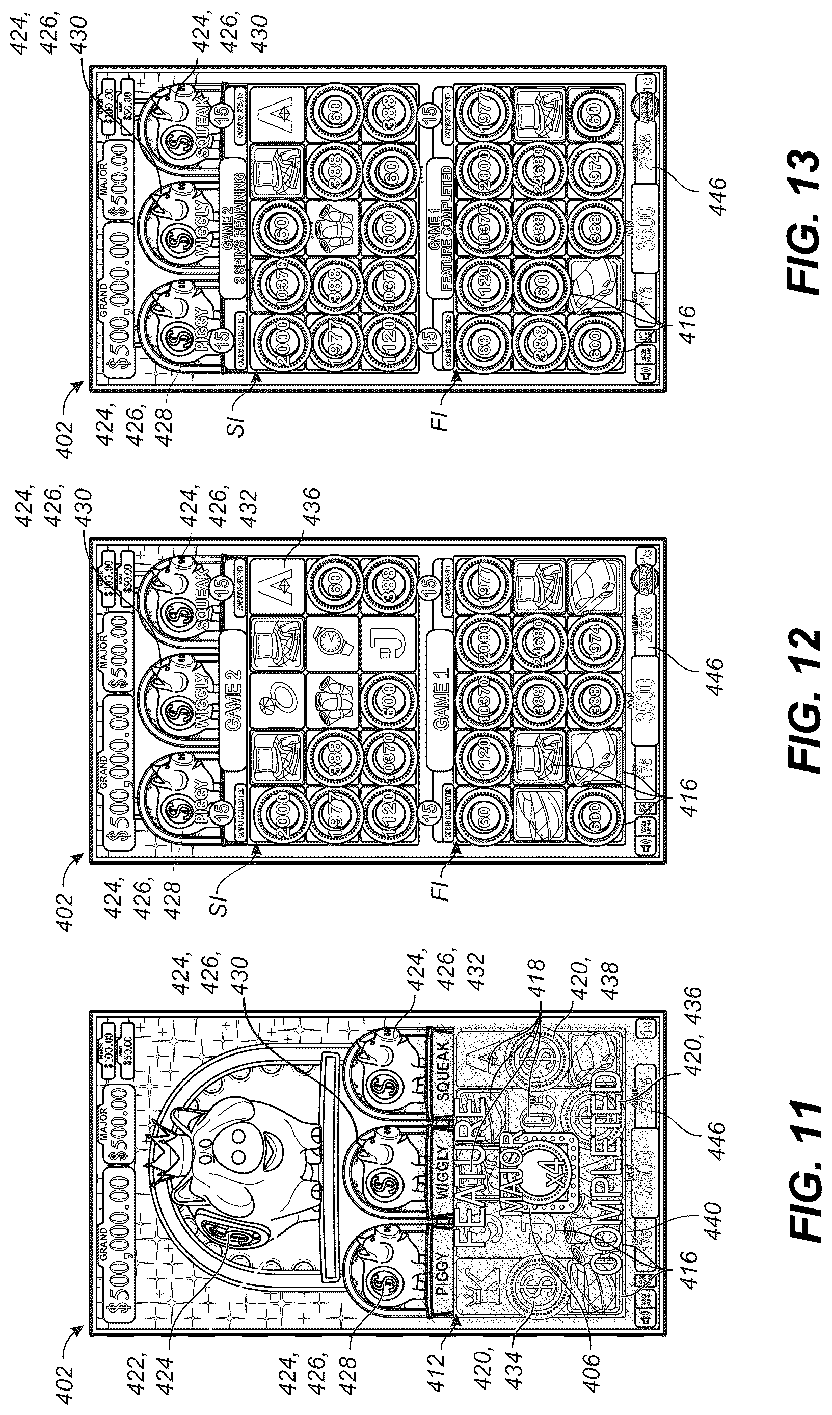 Patent US12620290 Figure 9 – GUI with a bonus symbol window to use credit value for initiating a jackpot chance game and a feature game with hold-and-spin functionality