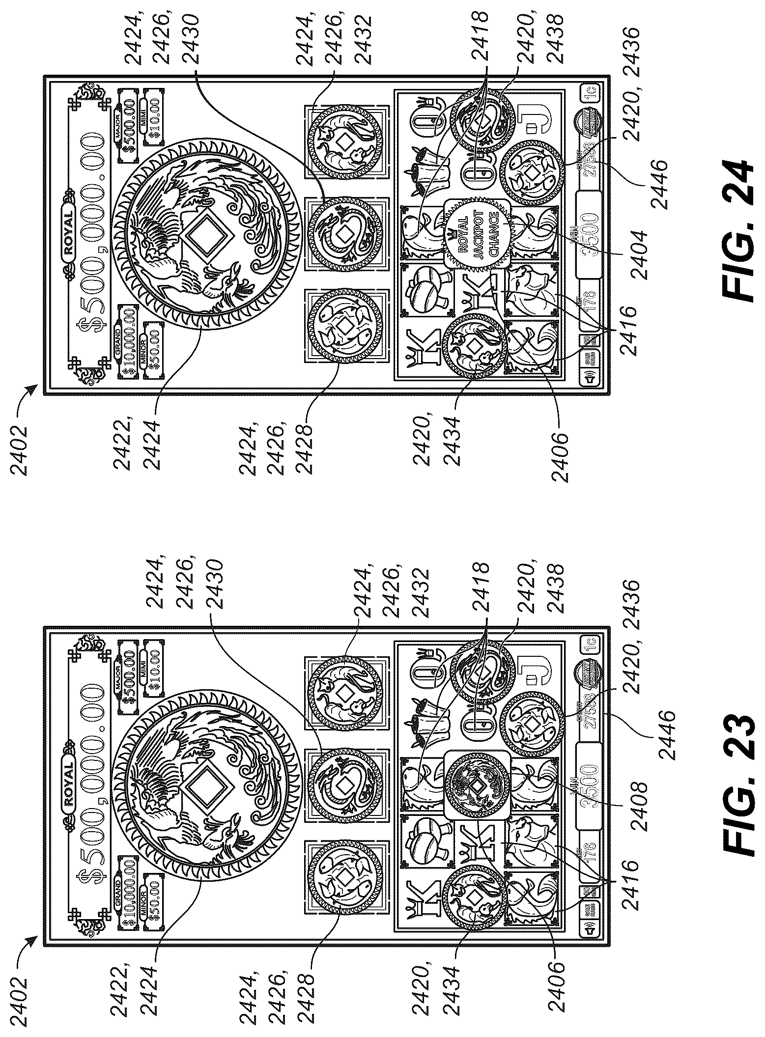 Patent US12620290 Figure 13 – GUI with a bonus symbol window to use credit value for initiating a jackpot chance game and a feature game with hold-and-spin functionality
