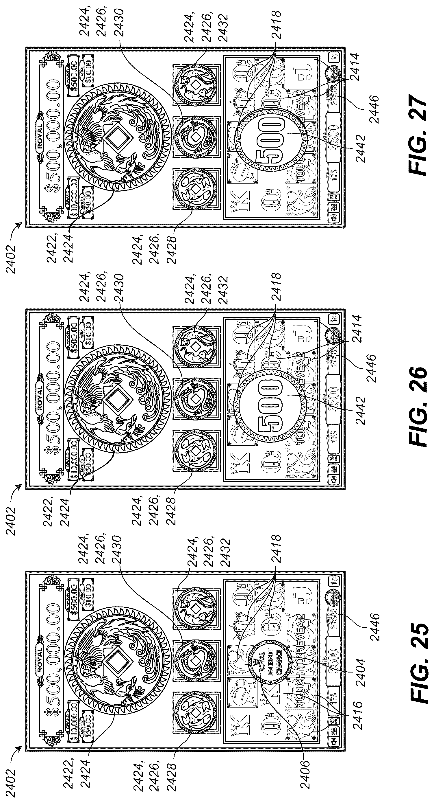 Patent US12620290 Figure 14 – GUI with a bonus symbol window to use credit value for initiating a jackpot chance game and a feature game with hold-and-spin functionality