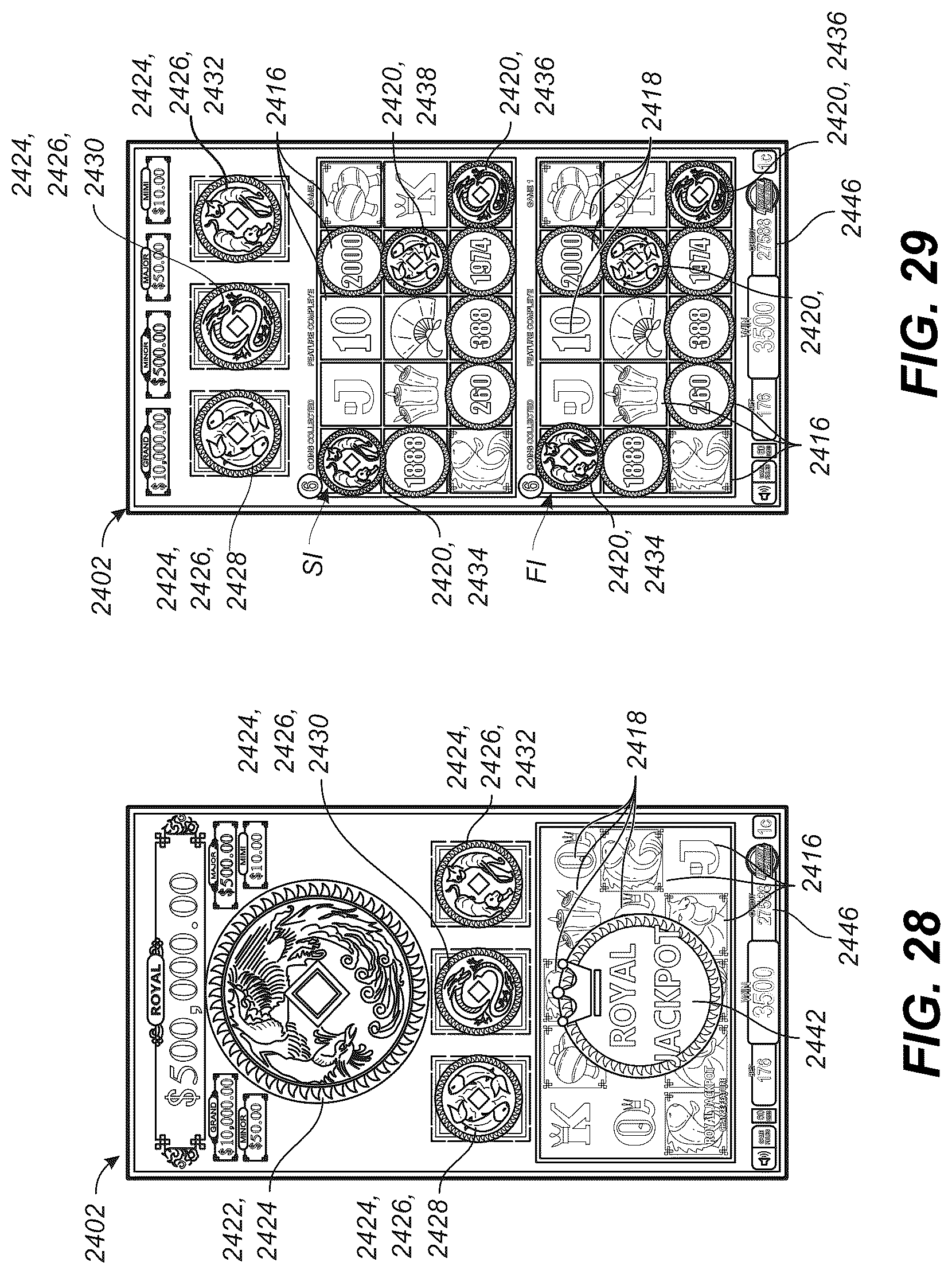 Patent US12620290 Figure 15 – GUI with a bonus symbol window to use credit value for initiating a jackpot chance game and a feature game with hold-and-spin functionality