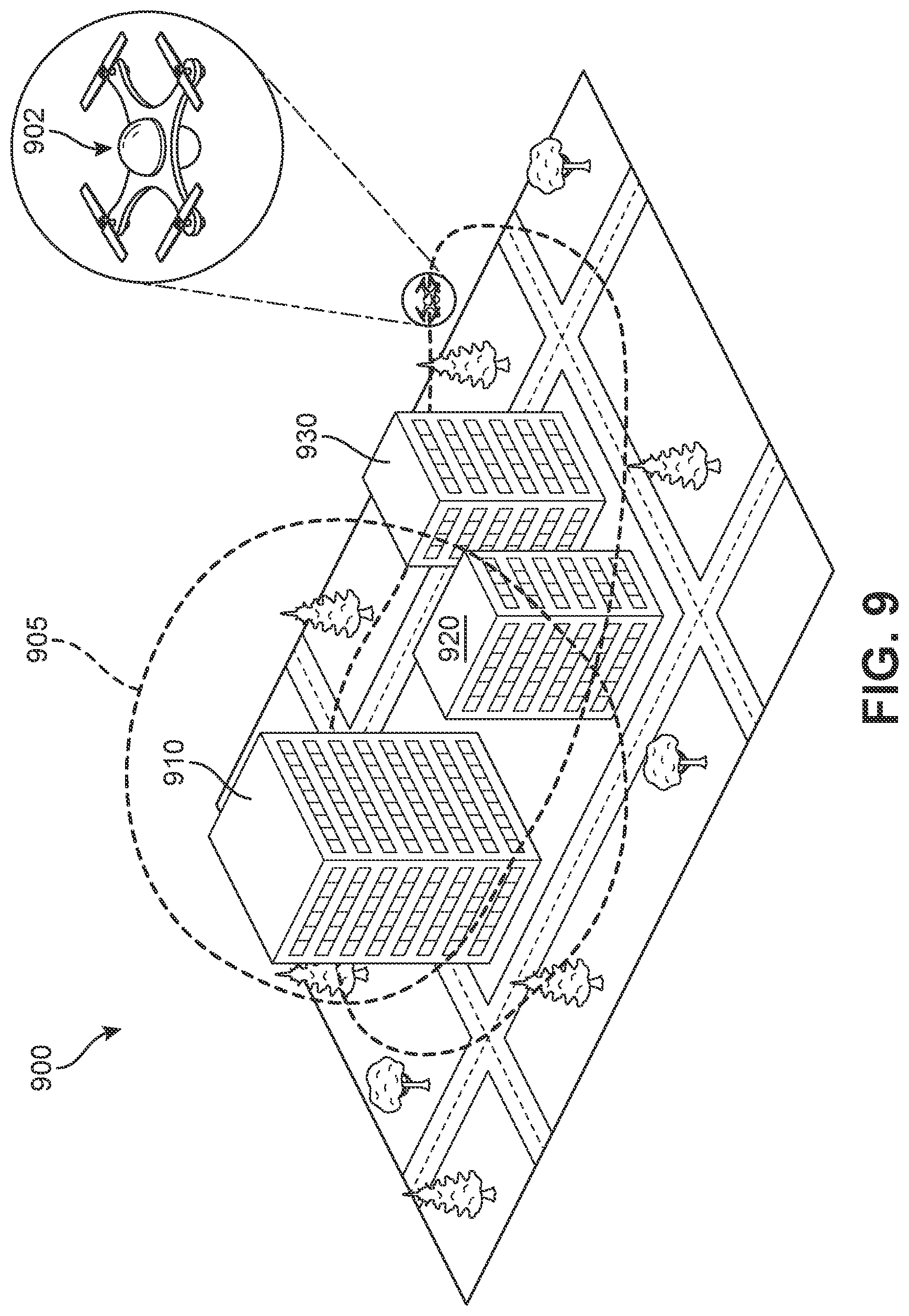 Patent US12620317 Figure 9 – Flight path optimization for aerial-based damage assessment