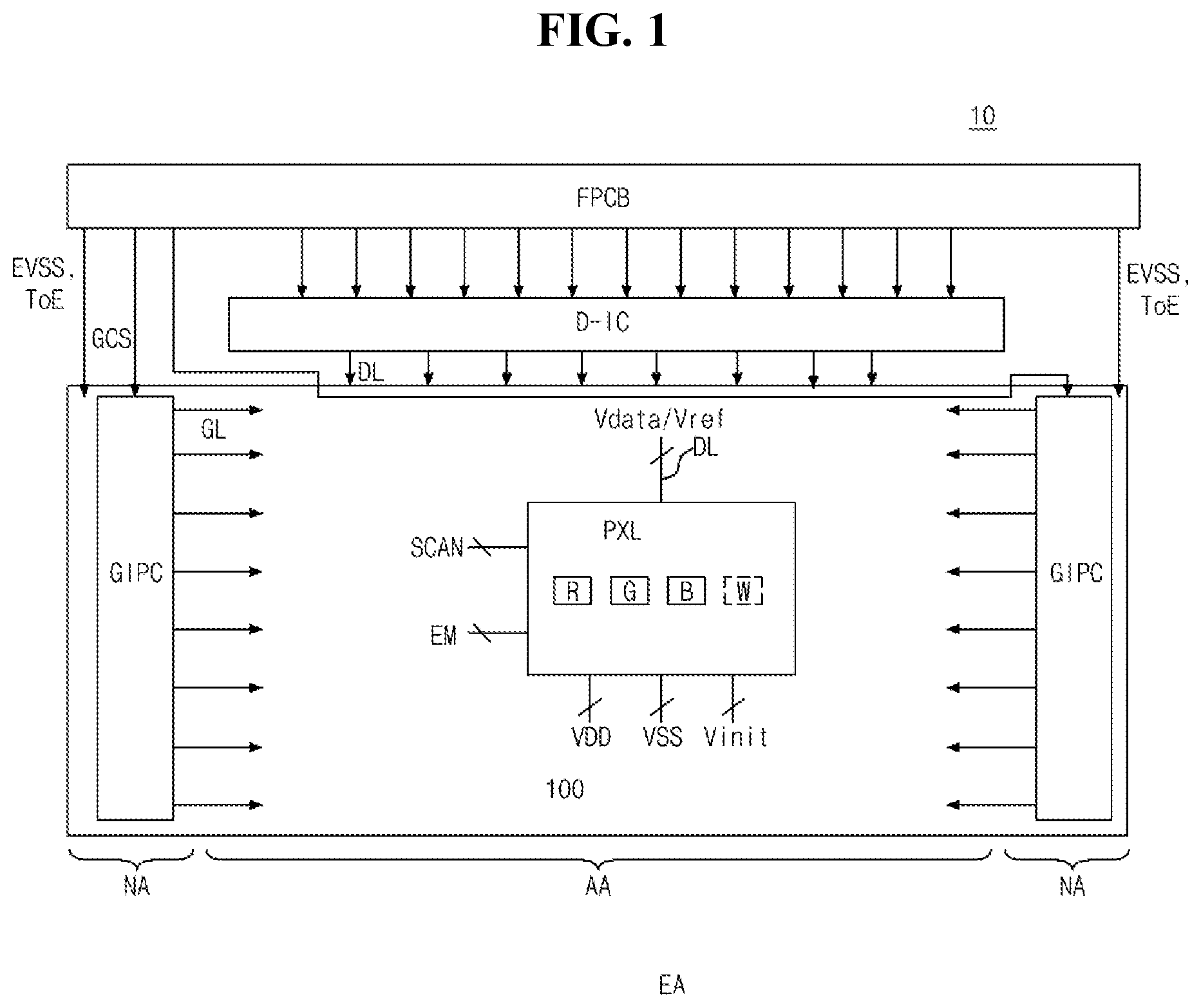 Patent US12620359 Figure 1 – Display device including one or more blocks in non-display area