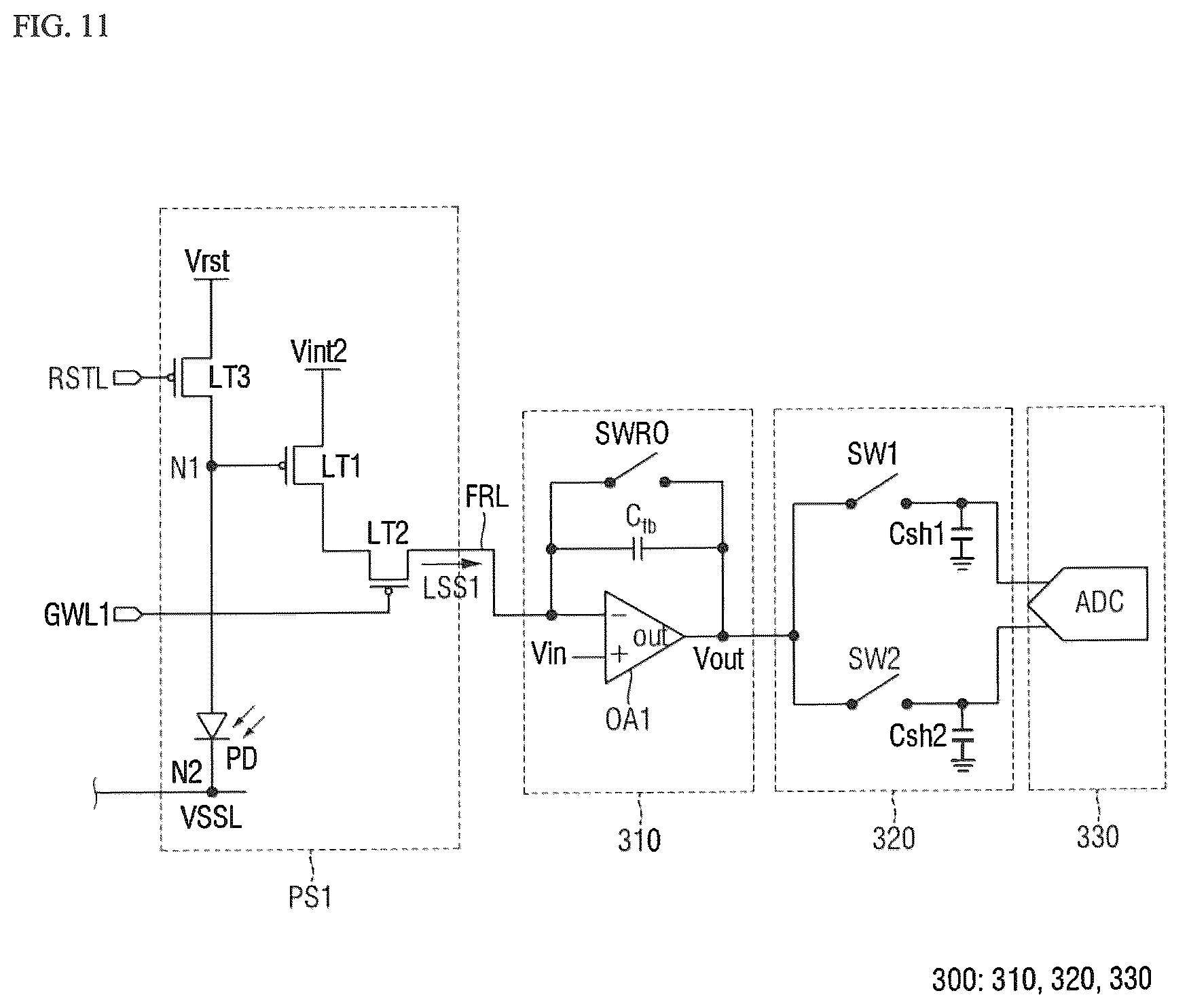 Patent US12620360 Figure 11 – Display device including integrated optical sensors and sensing control circuitry