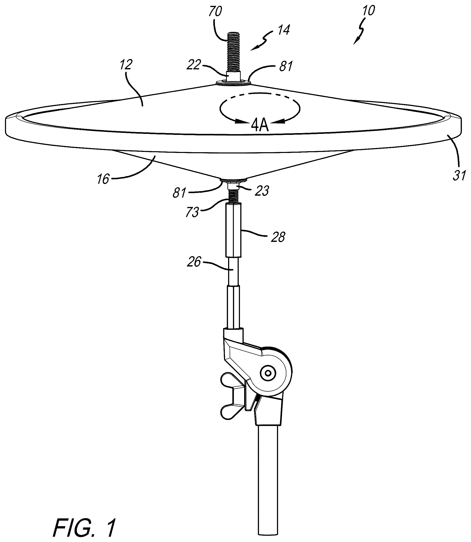 Patent US12620373 Figure 1 – Drumhead assembly and method of use