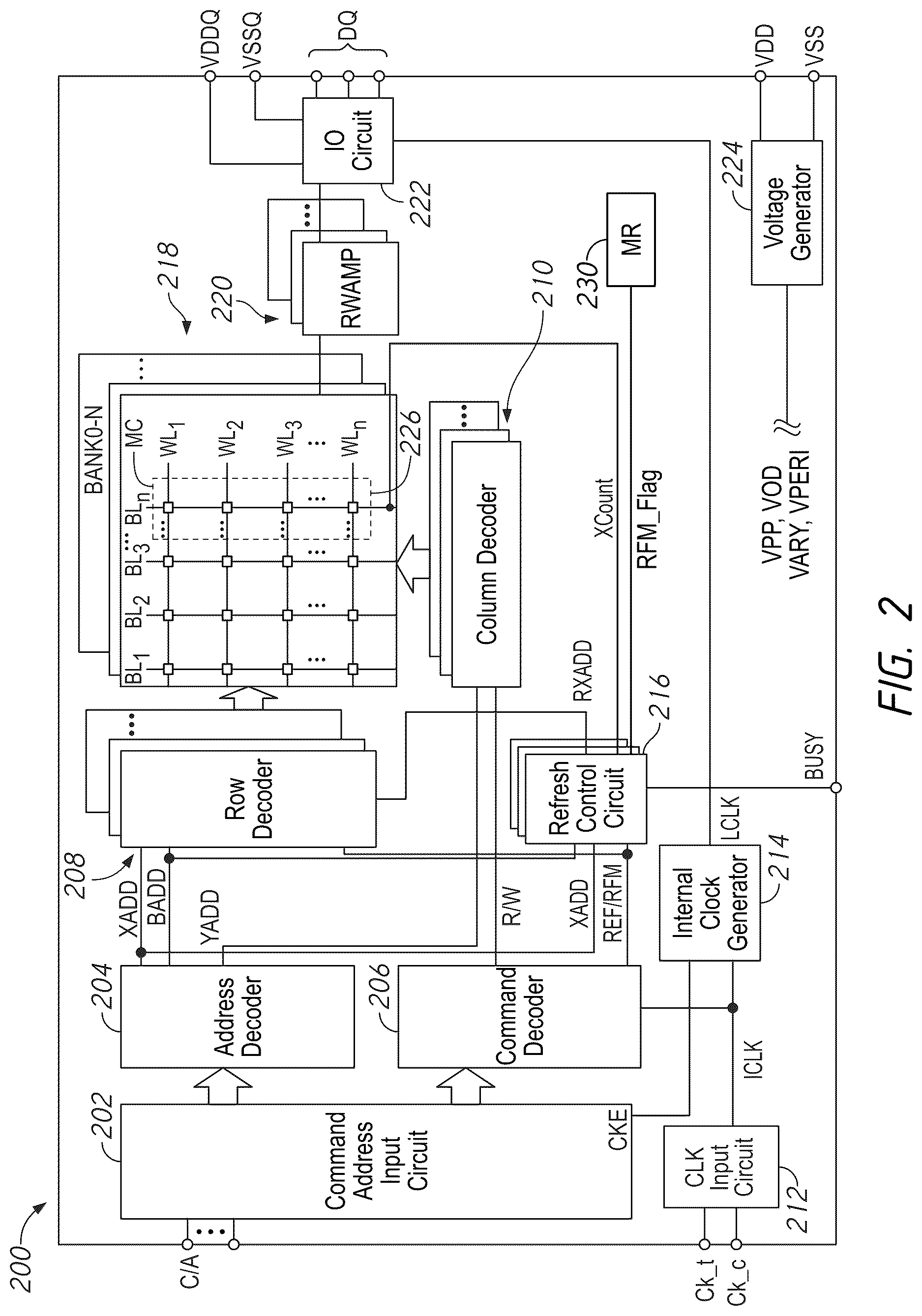 Patent US12620430 Figure 2 – Apparatuses and methods for monitored refresh management operations