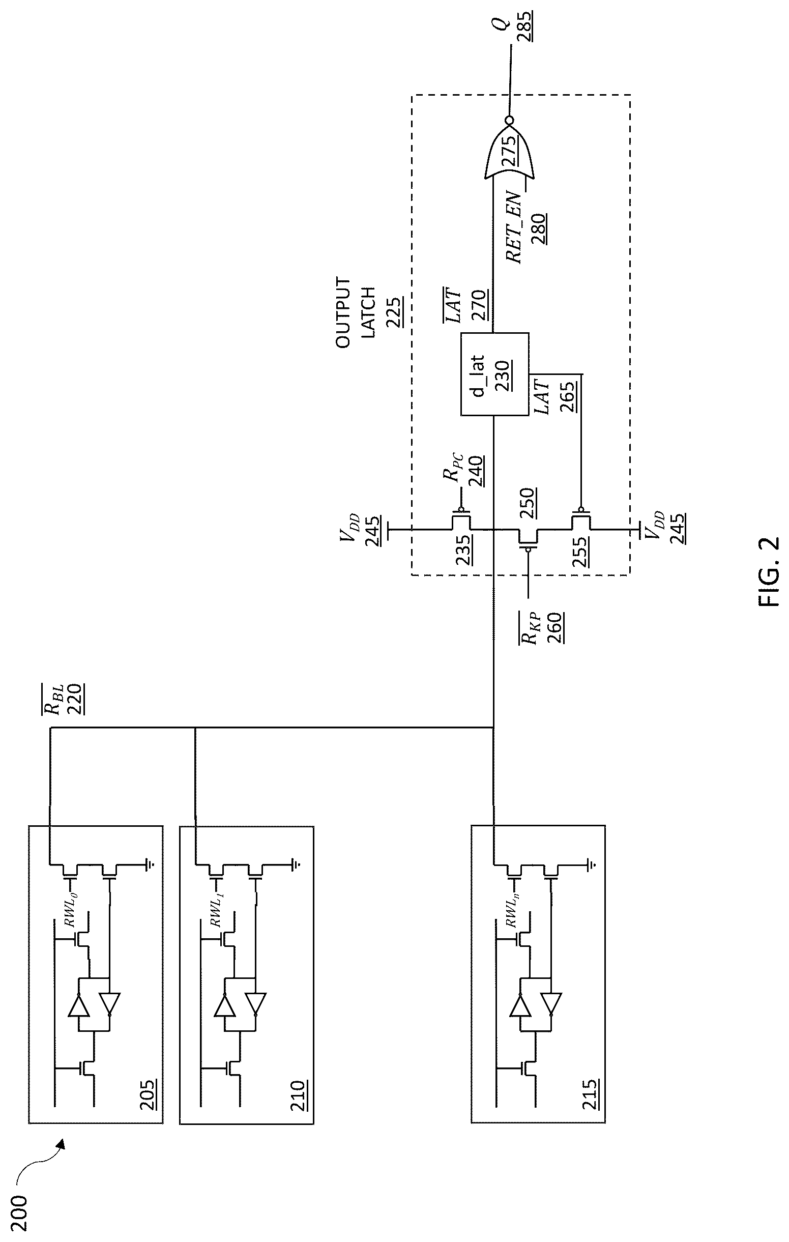 Patent US12620438 Figure 2 – Retention mode low leakage high performance bit line clamping scheme based on an output latch state