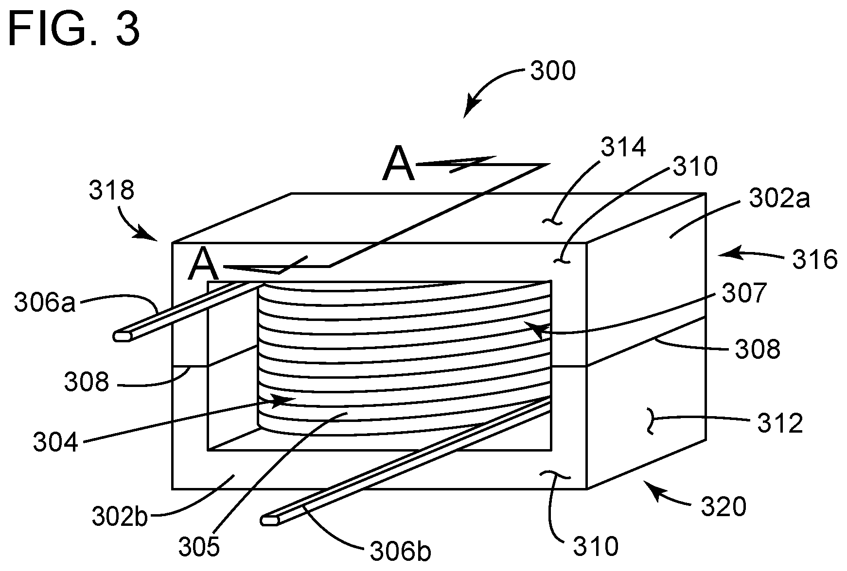 Patent US12620523 Figure 3 – Inductor apparatus optimized for low power loss in class-D audio amplifier applications and method for making the same