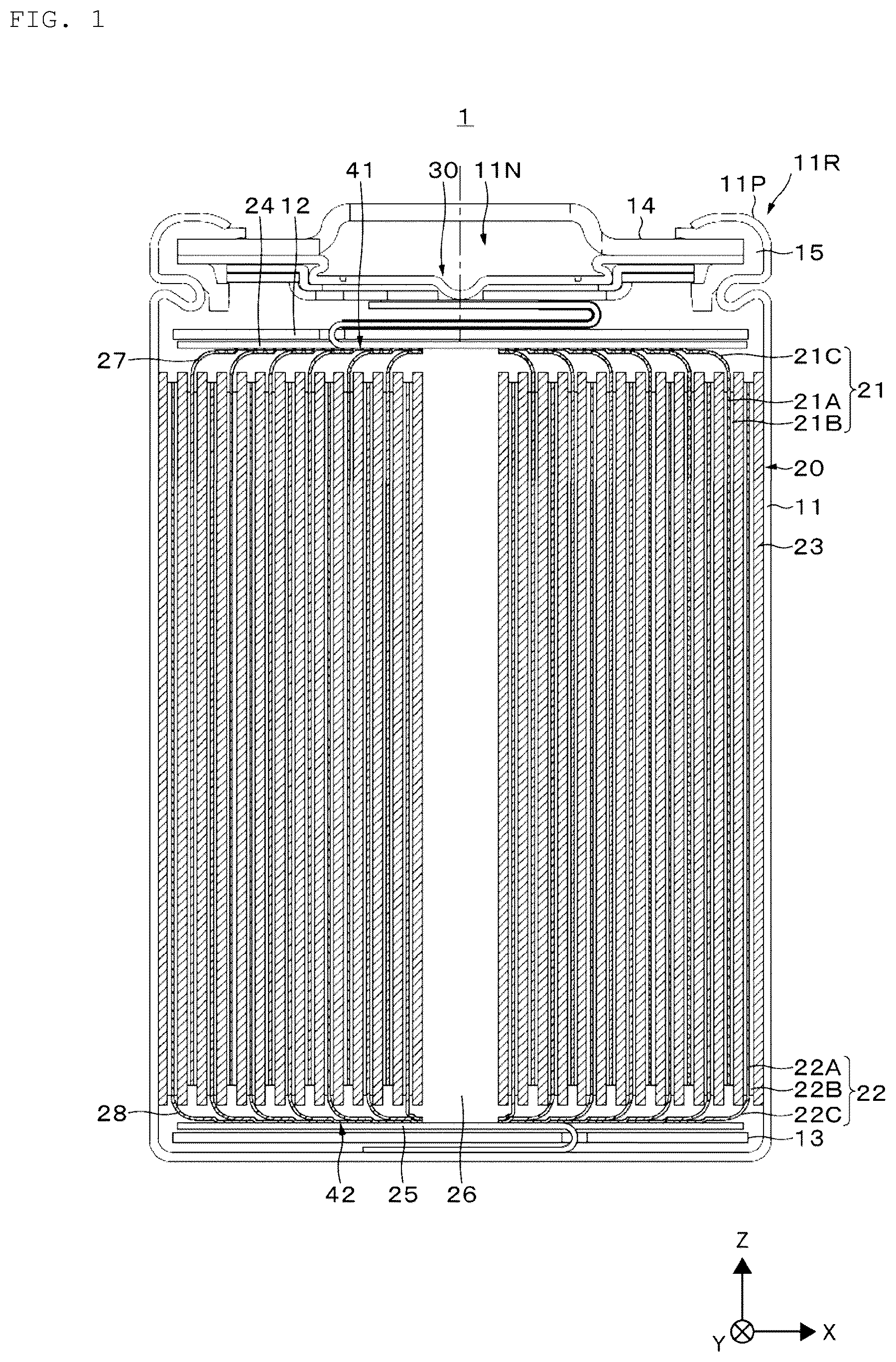 Patent US12620597 Figure 1 – Secondary battery, battery pack, electronic device, electric tool, electric aircraft, and electric vehicle