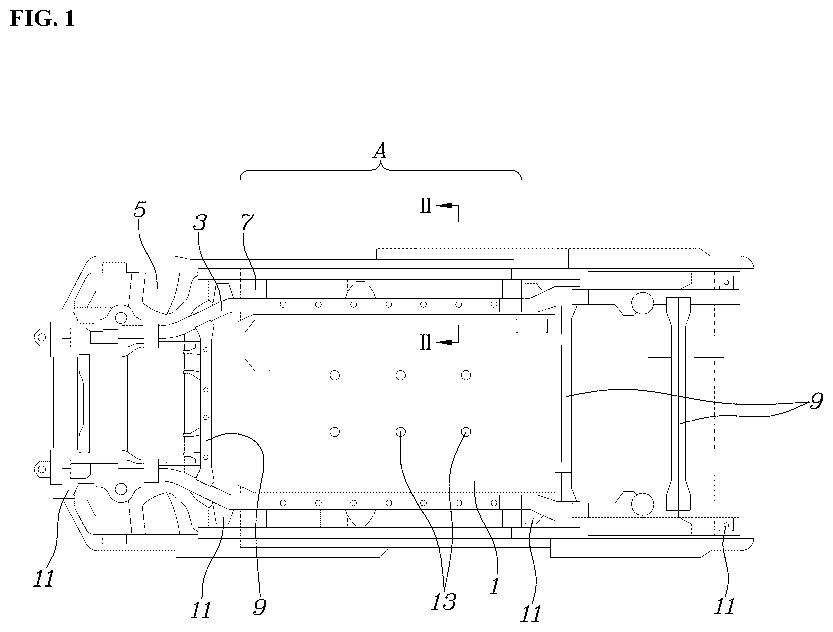 Patent US12620663 Figure 1 – Battery pack mounting structure for vehicle