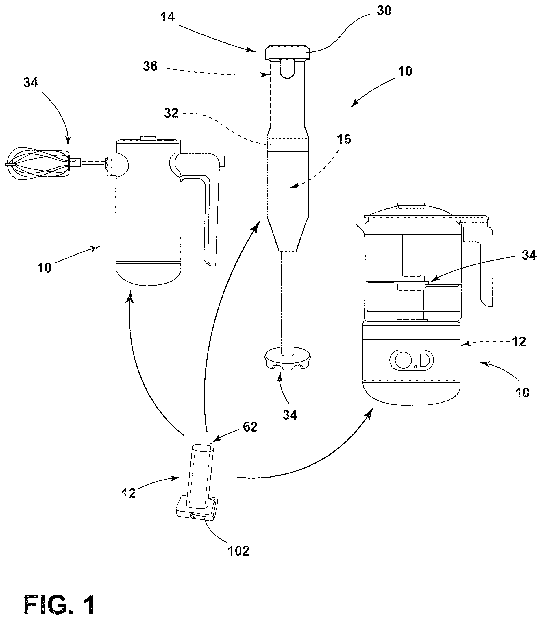 Patent US12620664 Figure 1 – Battery terminal force reduction feature for battery operated cordless appliance