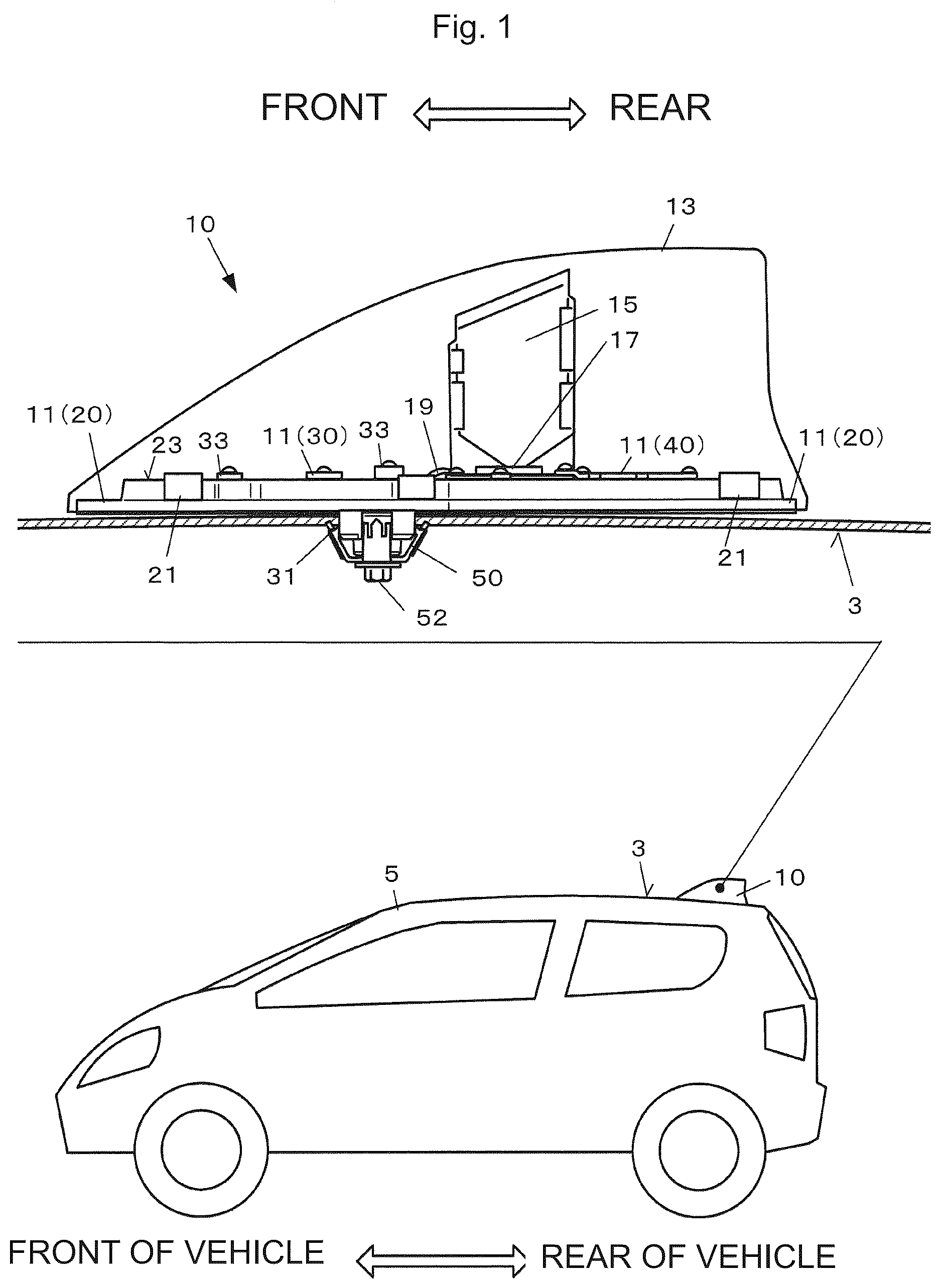 Patent US12620696 Figure 1 – Antenna device for vehicle