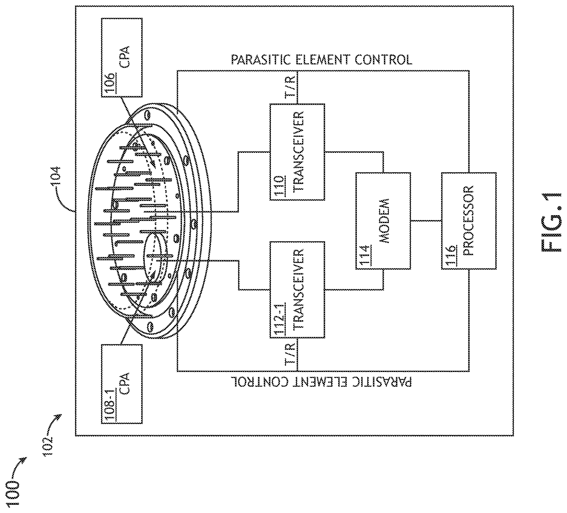 Patent US12620709 Figure 1 – Full-duplex circular parasitic array assembly