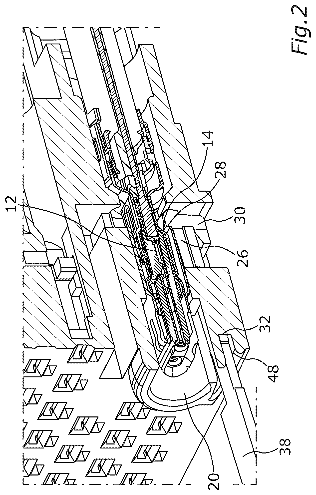 Patent US12620744 Figure 2 – Connector system with tool-accessible latching mechanism