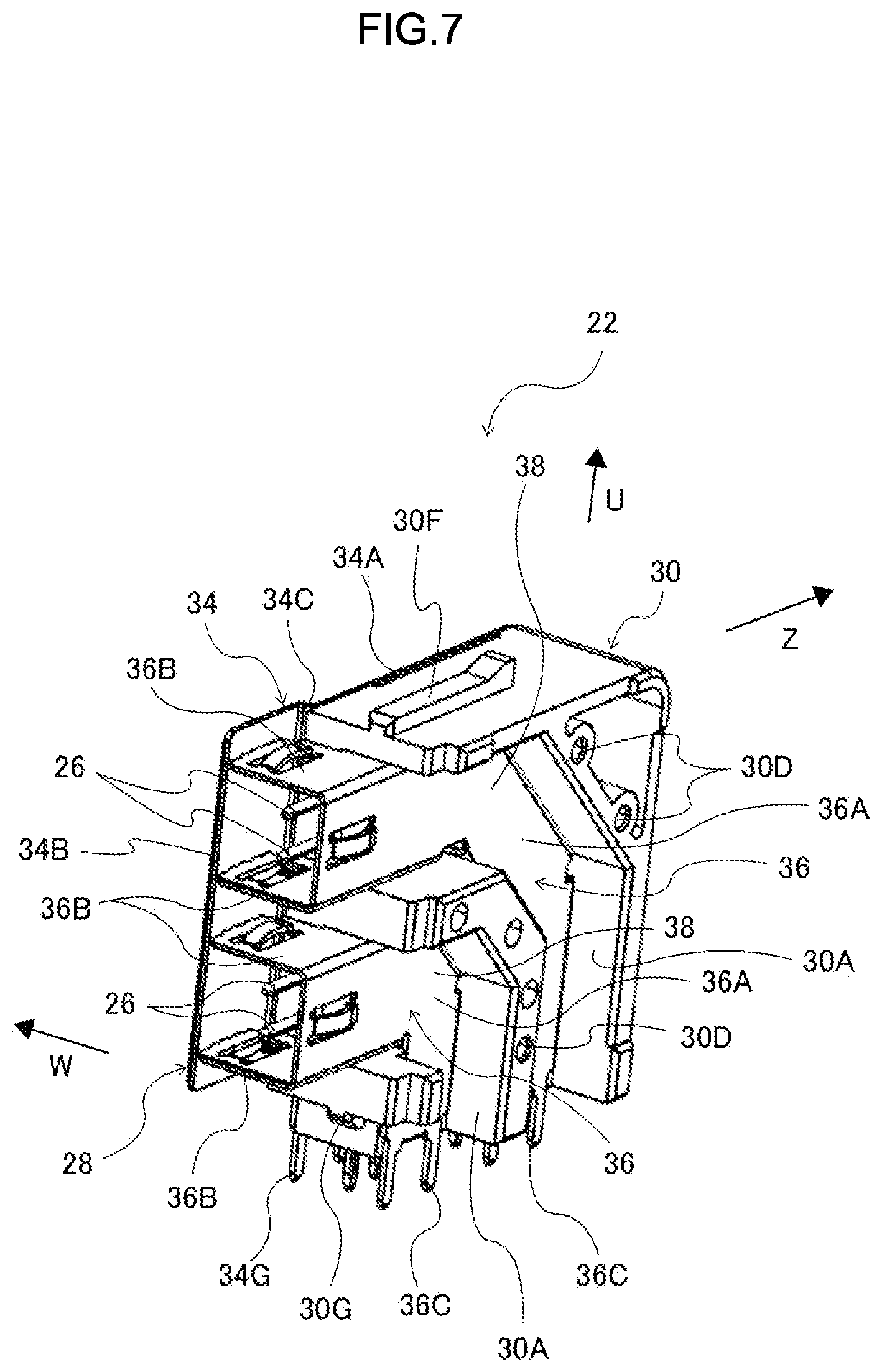 Patent US12620751 Figure 7 – Connector with pair of terminals and coupling portion