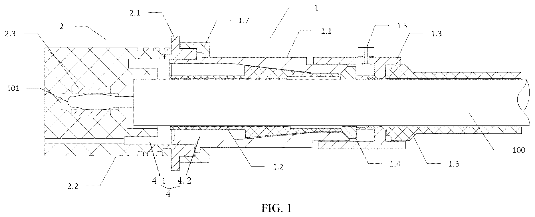 Patent US12620755 Figure 1 – Quick electrical-connecting structure for high-voltage high-frequency pulse environment