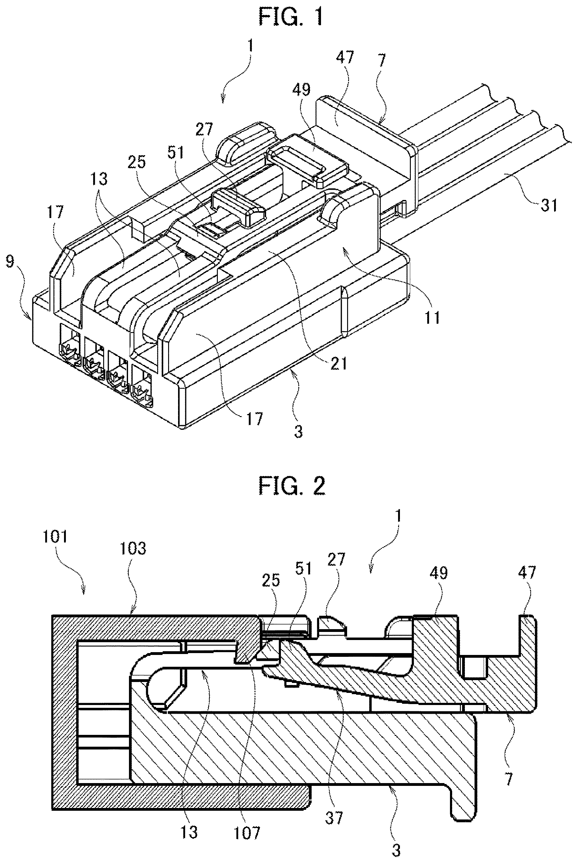 Patent US12620759 Figure 1 – Connector with restrained movement between locking positions