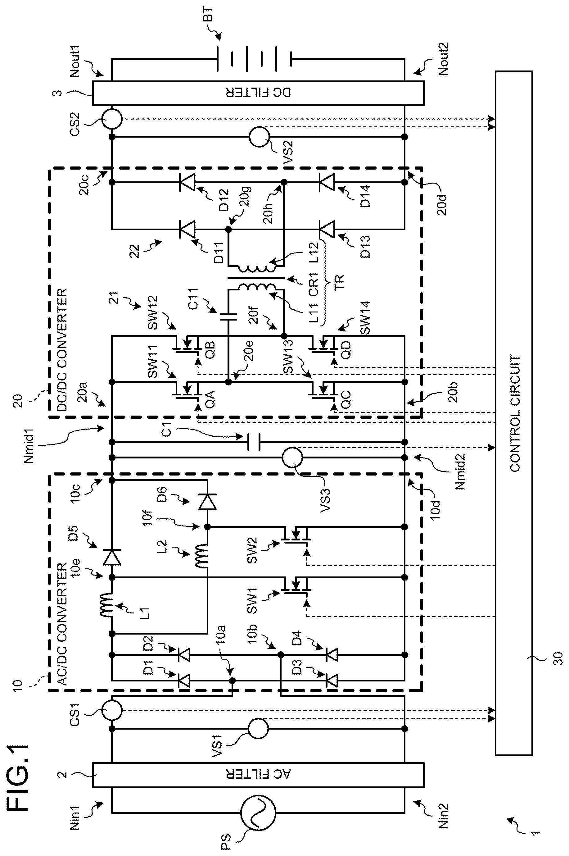 Patent US12620814 Figure 1 – Charging system including AC/DC converter and DC/DC converter in which inrush current is suppressed