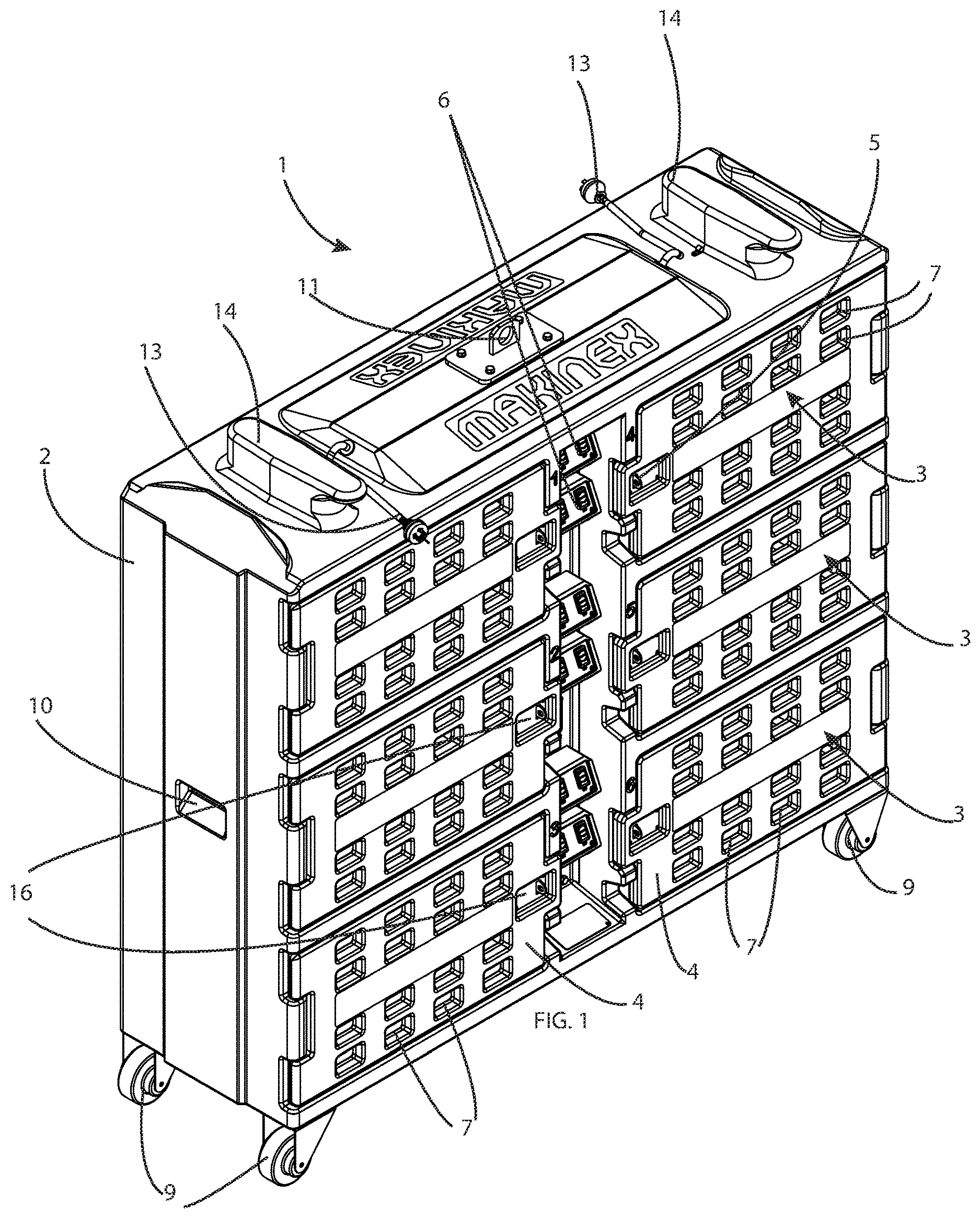 Patent US12620822 Figure 1 – Mobile power tool battery charging pod with lockable compartments