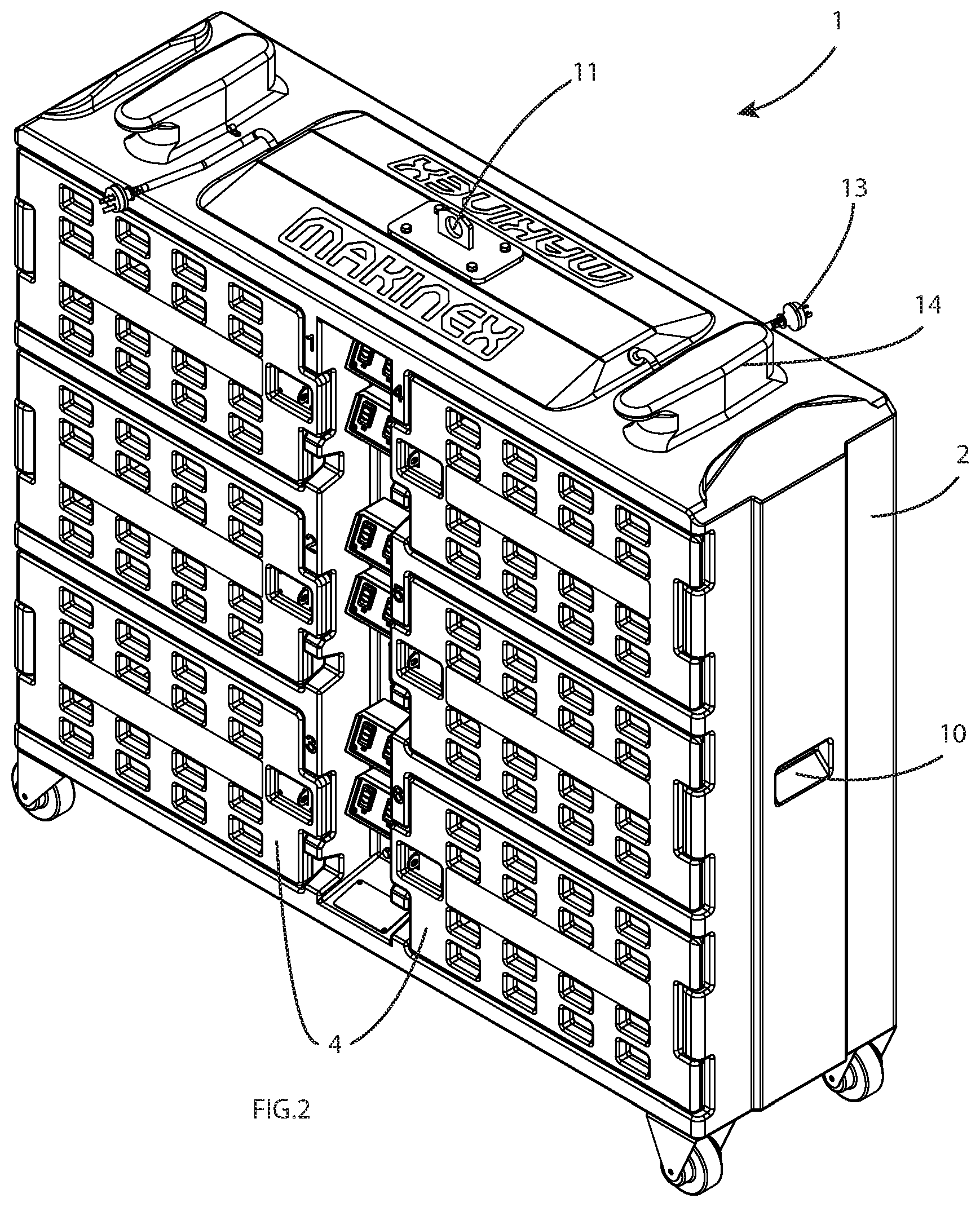 Patent US12620822 Figure 2 – Mobile power tool battery charging pod with lockable compartments