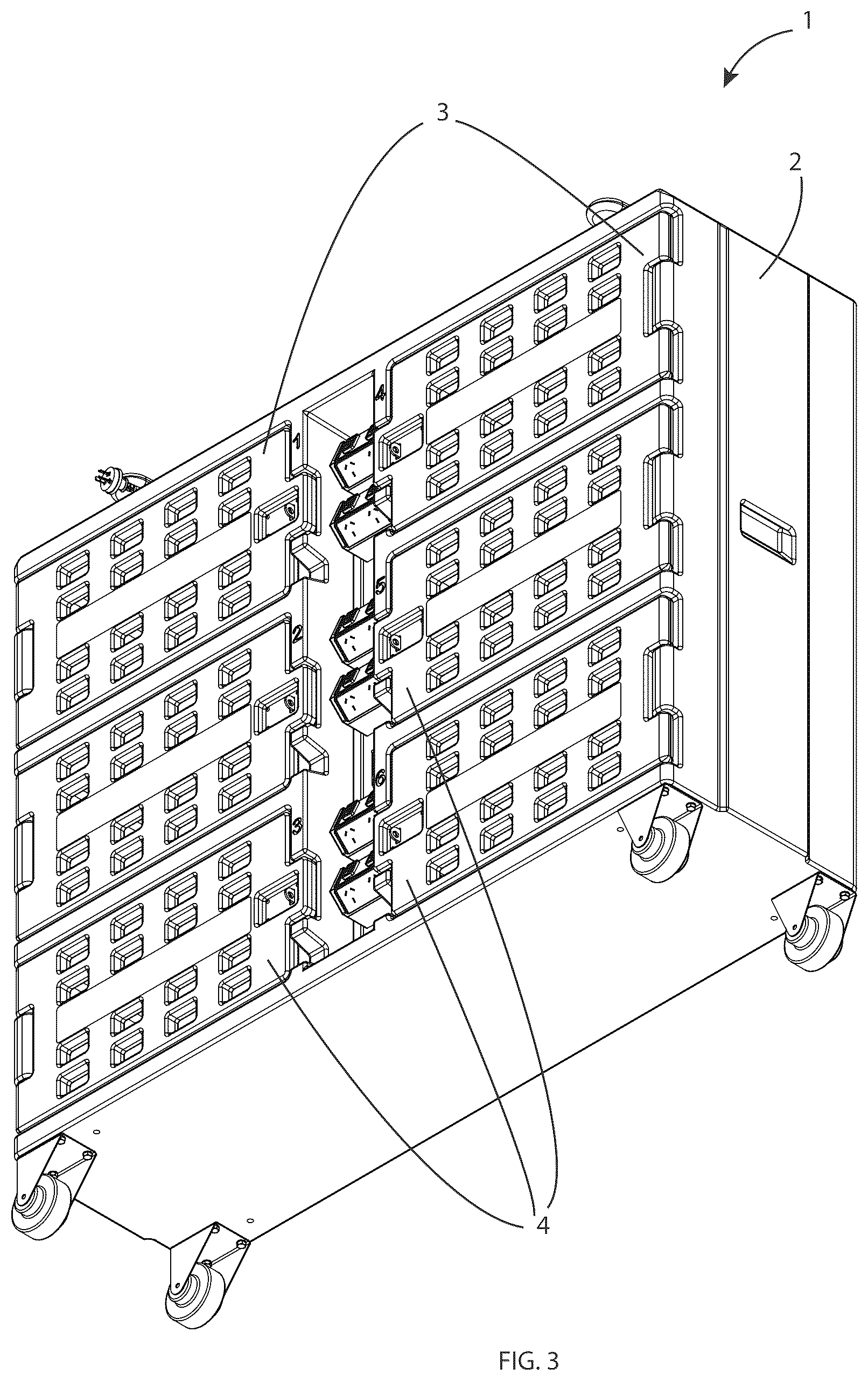 Patent US12620822 Figure 3 – Mobile power tool battery charging pod with lockable compartments