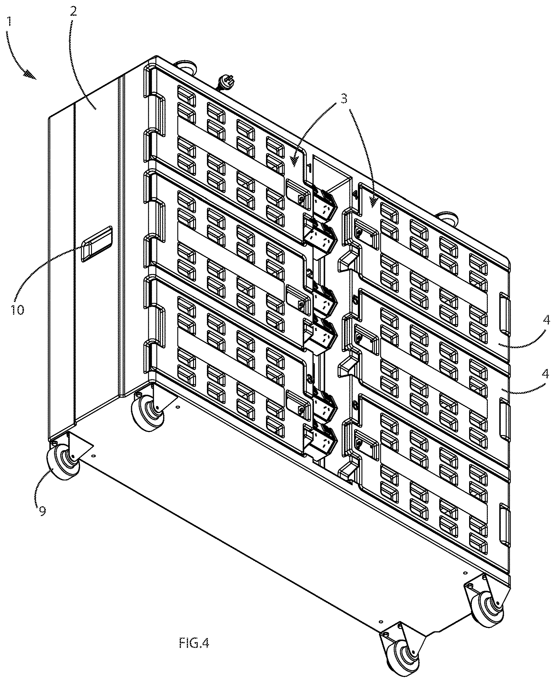 Patent US12620822 Figure 4 – Mobile power tool battery charging pod with lockable compartments