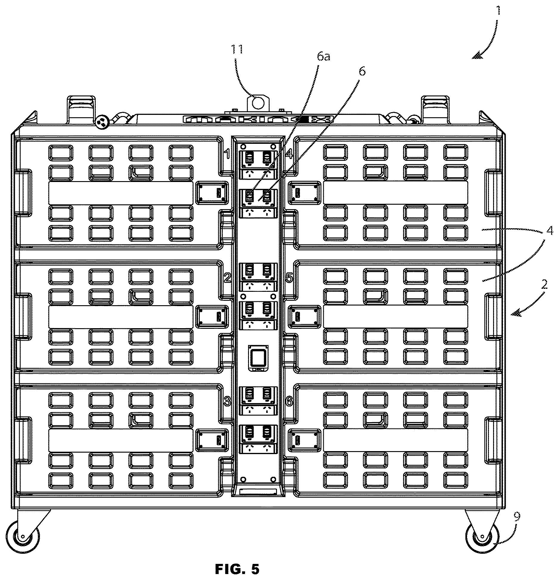 Patent US12620822 Figure 5 – Mobile power tool battery charging pod with lockable compartments