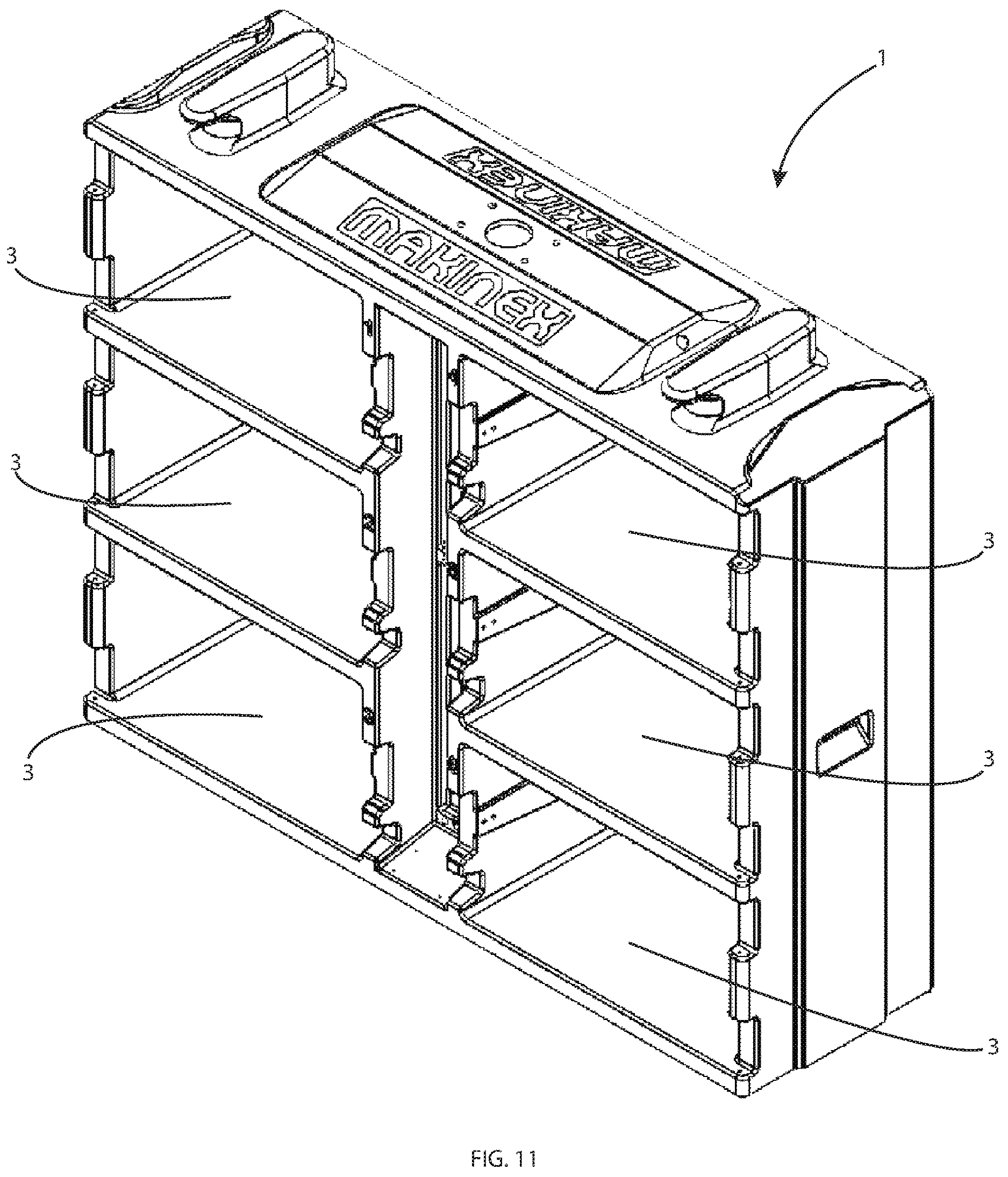 Patent US12620822 Figure 11 – Mobile power tool battery charging pod with lockable compartments