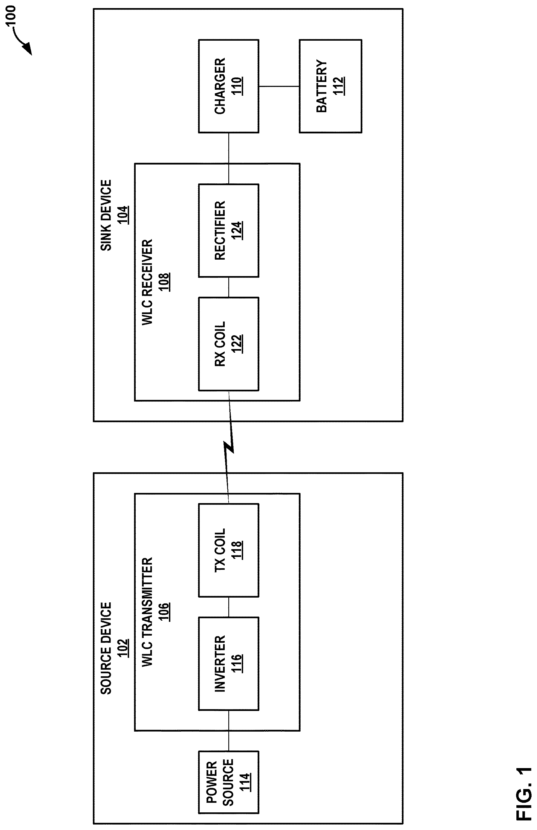 Patent US12620834 Figure 1 – Wireless charging with split resonant capacitors