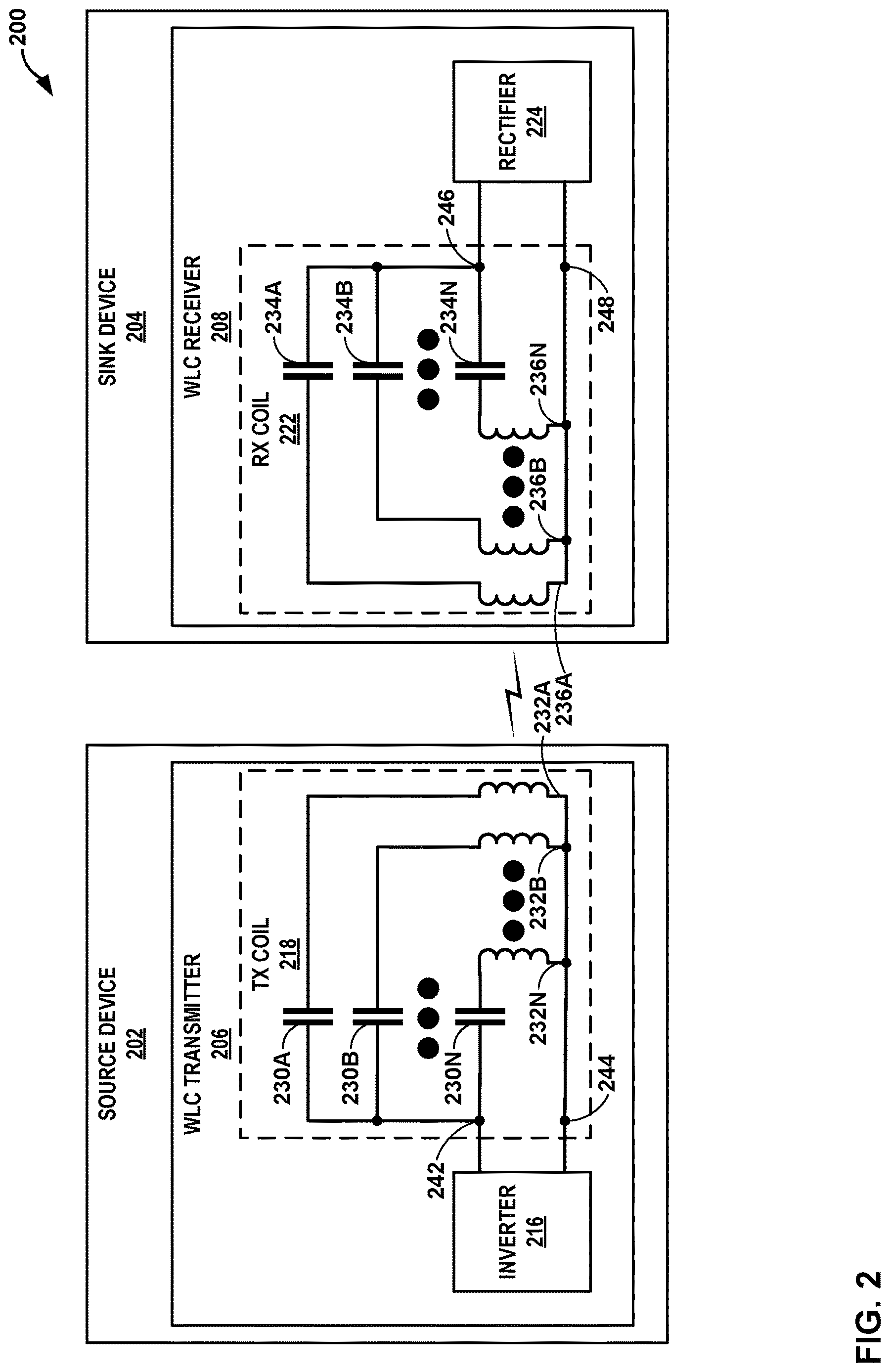 Patent US12620834 Figure 2 – Wireless charging with split resonant capacitors