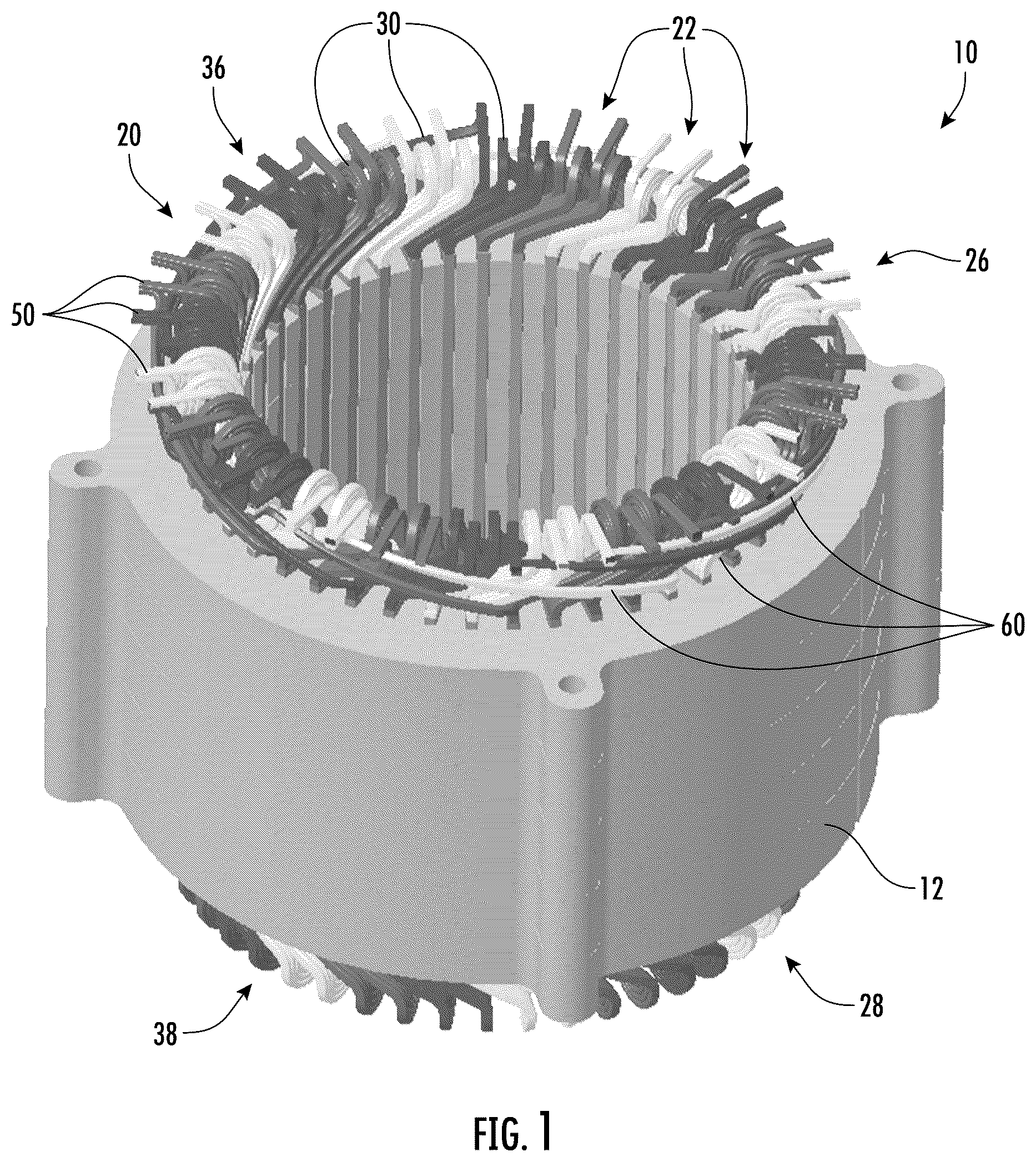 Patent US12620857 Figure 1 – Stator winding arrangement with connections for adjacent diamond coils