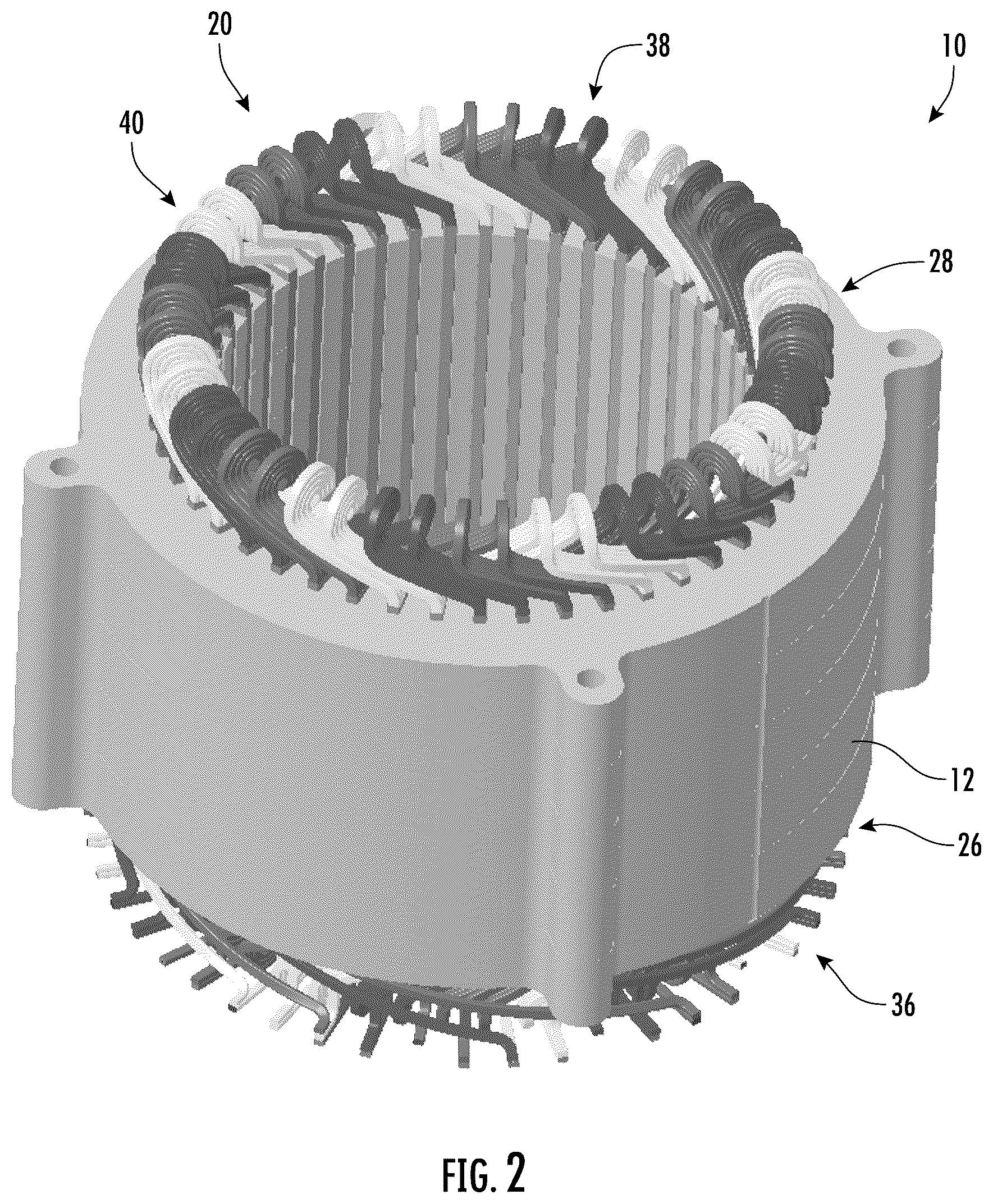 Patent US12620857 Figure 2 – Stator winding arrangement with connections for adjacent diamond coils